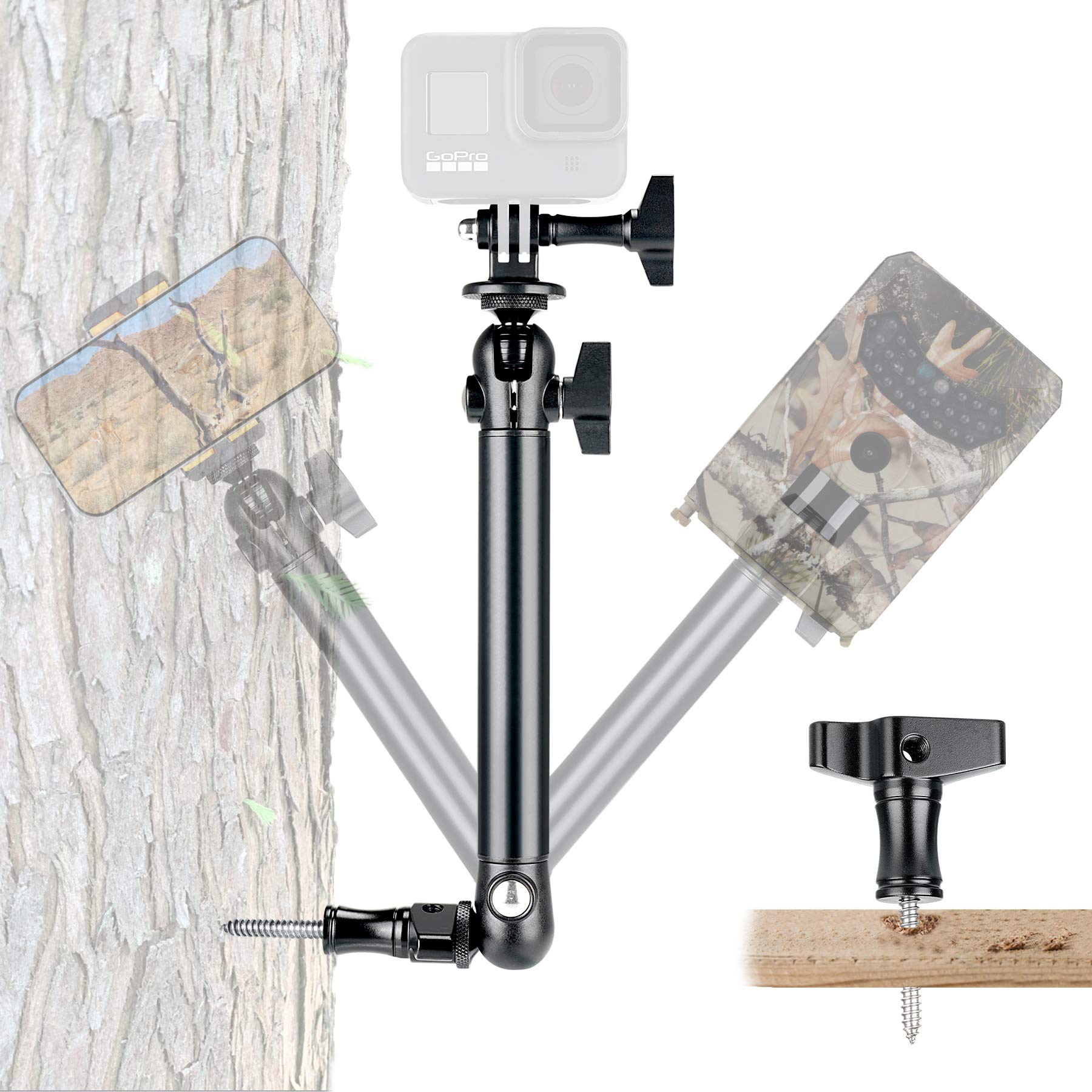 Fantaseal 2-Ball-Head Adjustable Outdoor Phone Trail Action Camera Hunting Video Recording Vlogging Time Lapse Mount Serurety Camera Mounting Gear For Iphone Samsung Gopro Insta360 Akaso Blink Arlo