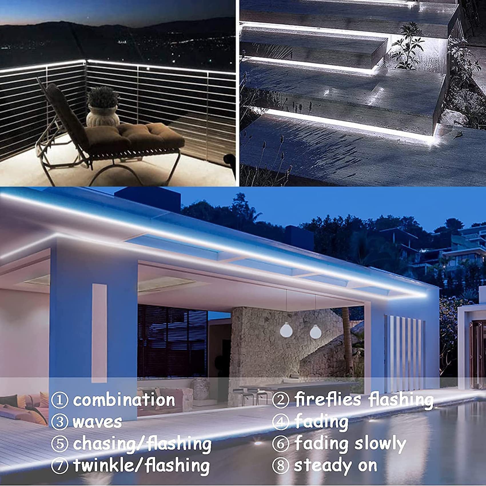 Keeda Solar Led Strip Lights 240Led 32.8Ft Waterproof Led Light Strips With Remote, 8 Modes Cuttable Self-Adhesive Flexible Tape Lights For Steps Terrace Balcony Stairs (White)