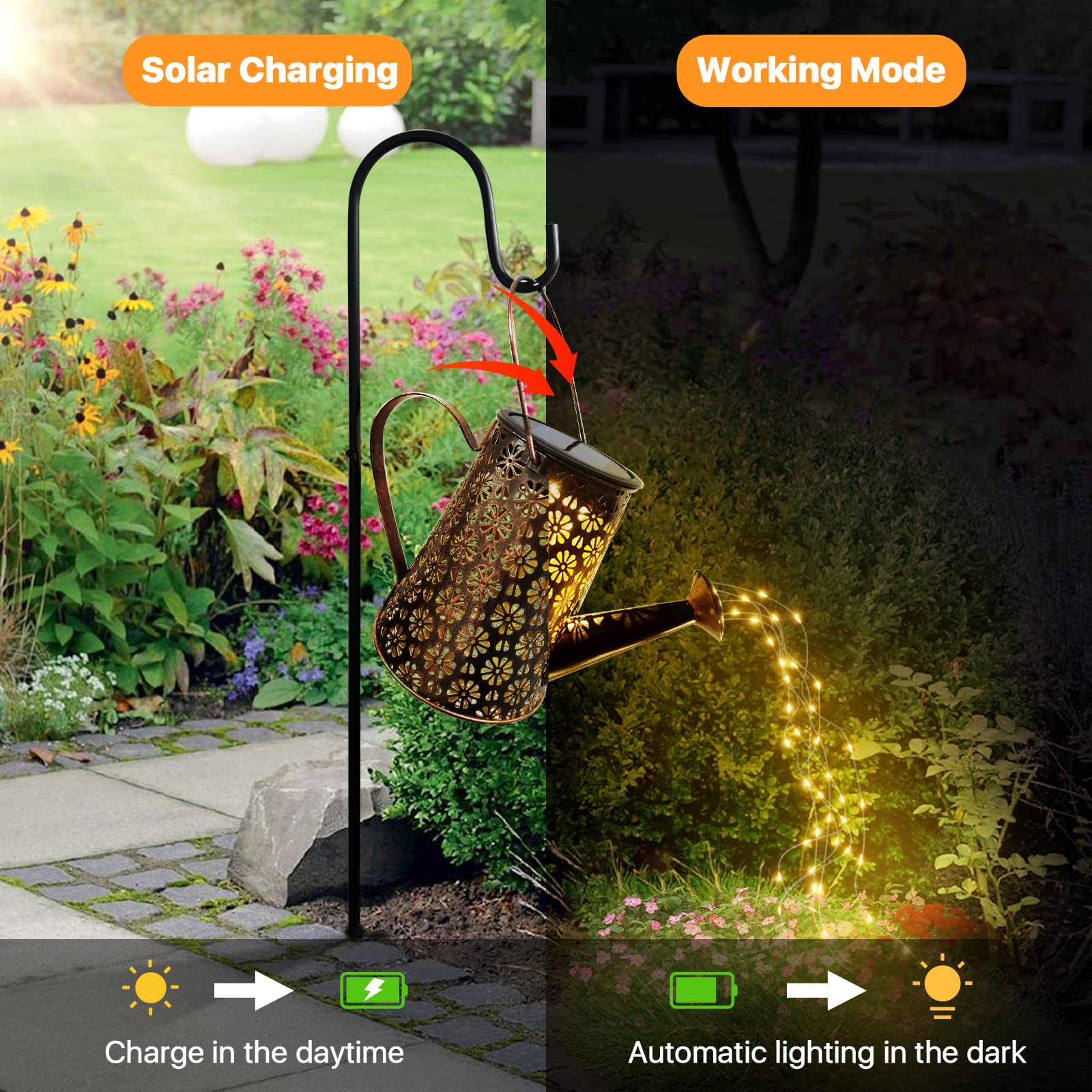 Lureshine Outdoor Solar Watering Can With Lights Garden Decor Large Solar Powered Lanterns Hanging Waterproof Led Decorative Retro Metal Kettle String Lights For Table Yard Pathway Walkway Gardening