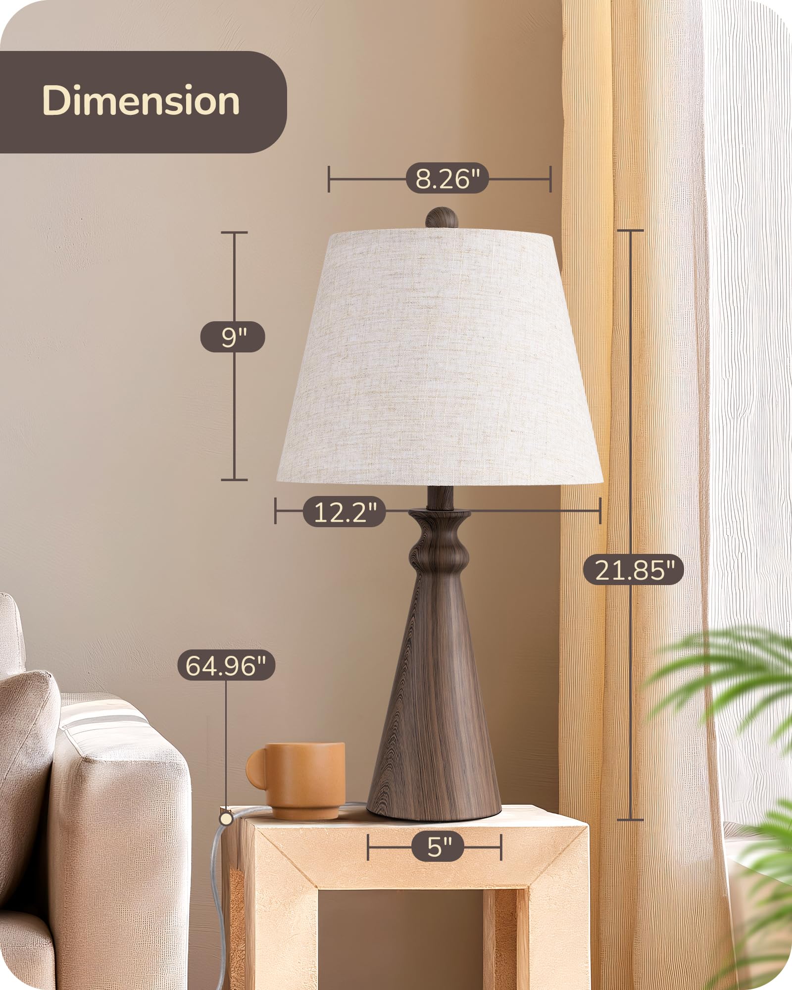 Edishine 21.85" Farmhouse Table Lamp, Rustic Bedside Lamp, Water Transfer Walnut Wood Grain Metal Base, Beige Linen Shade, Minimalist Nightstand Lamp For Living Room, Bedroom, Office, E26 Base