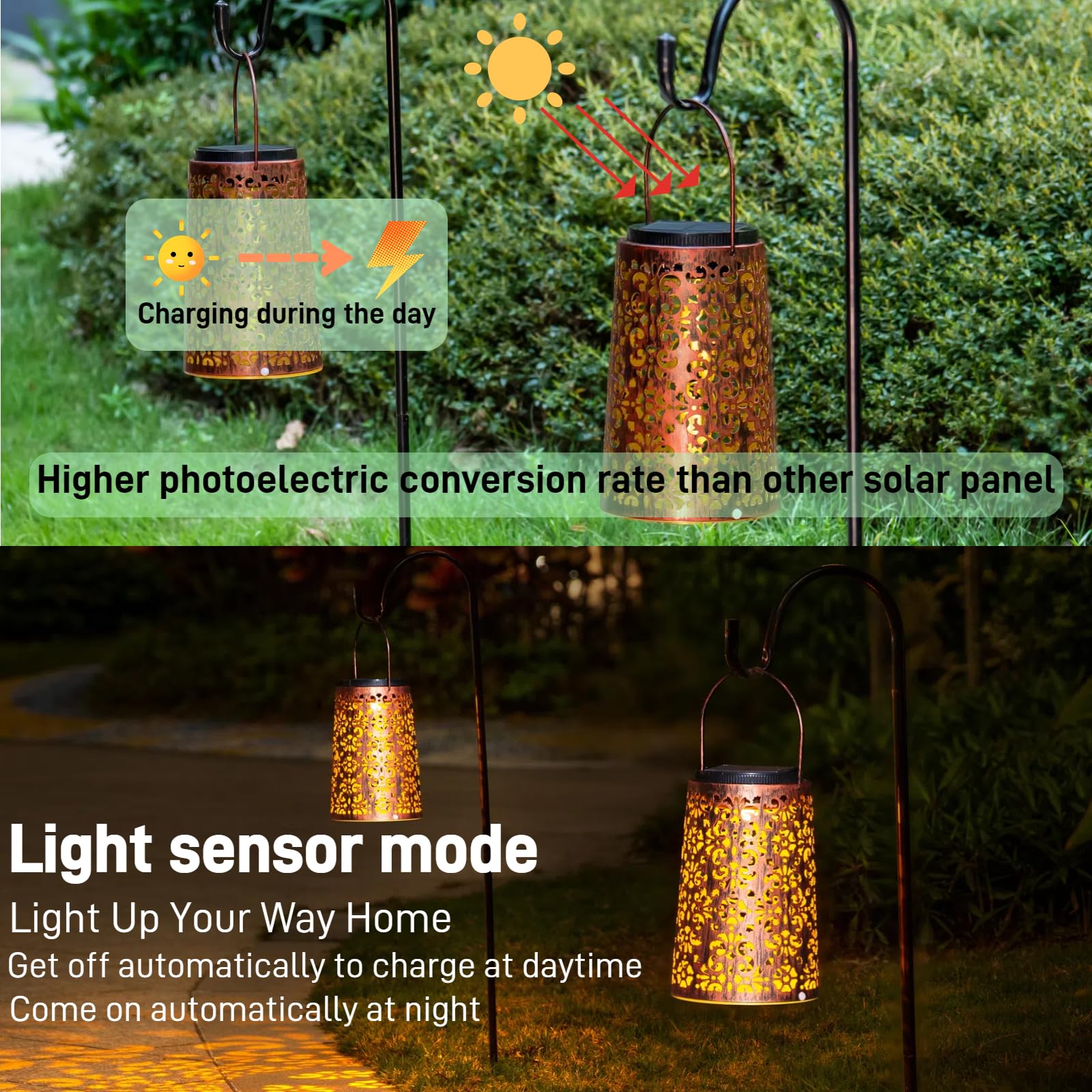 Molebit 4 Pack Solar Hanging Lanterns Outdoor, 2 Modes Adjustable White & Warm Light, Auto On/Off Metal Waterproof Solar Lights For Patio Garden Wall & Tabletop Decor