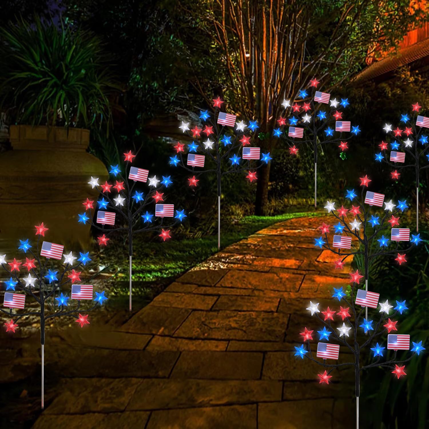 Hugsvik 4 Packs 80Led 4Th Of July Decorations Outdoor, Red White And Blue Solar Lights With Stars & American Flags, Outdoor Memorial Day Decorations Patriotic Lights For Yard Pathway Garden