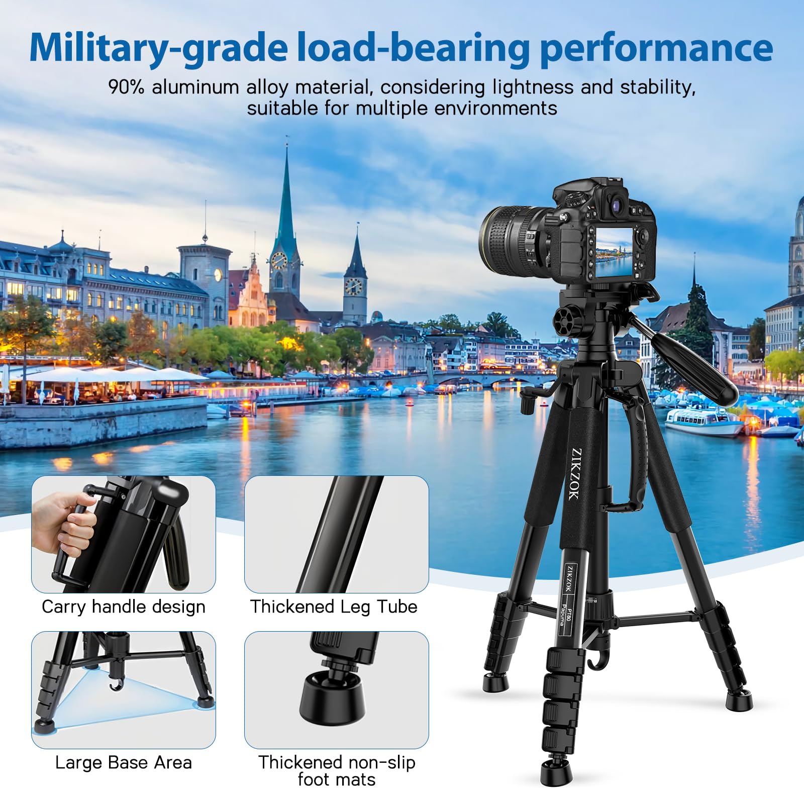 Zikzok 75" Camera Tripod, Tripod For Iphone Ipad, Aluminum Professional Heavy Duty Camera Tripod Stand With Wireless Remote/Carry Bag Compatible With Dslr/Slr/Dv/Gopro (Black)