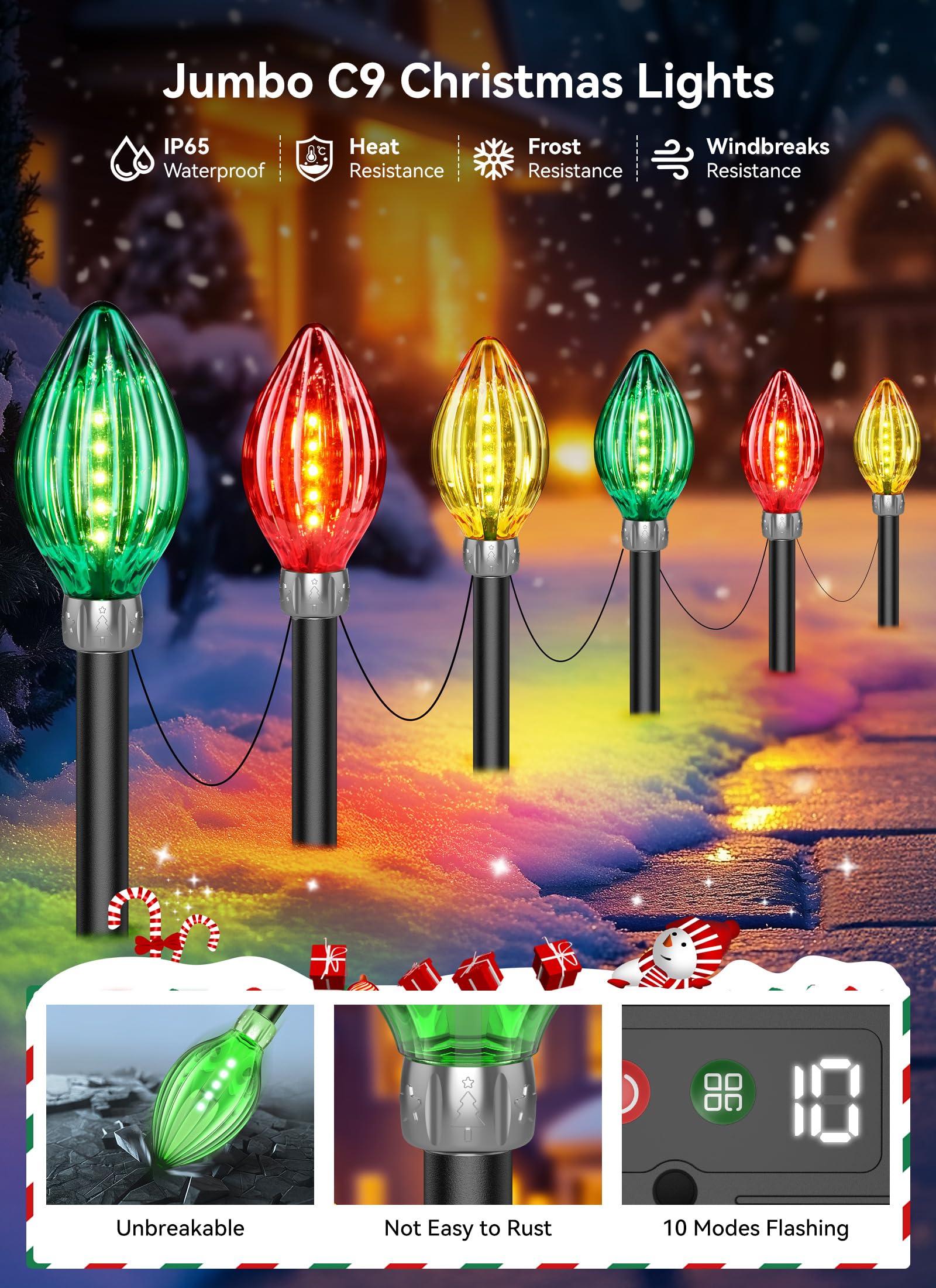 Neemo 12 Pack Jumbo C9 Christmas Lights - 44 Ft Extra Long String Lights With 60 Led Solar Powered, Waterproof Outdoor Decorations For Pathway & Yard