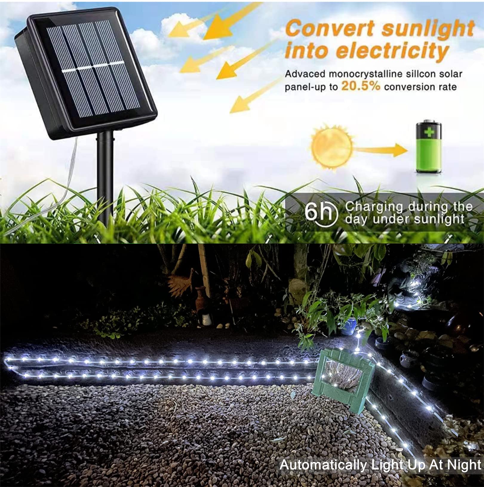 Qitong Solar Rope Lights, 2 Pack Each 33Ft 100Led String Light Outdoor Waterproof, 8 Modes Solar Tube Lights For Outside Garden Pool Patio Porch Tree Party (Cool White)