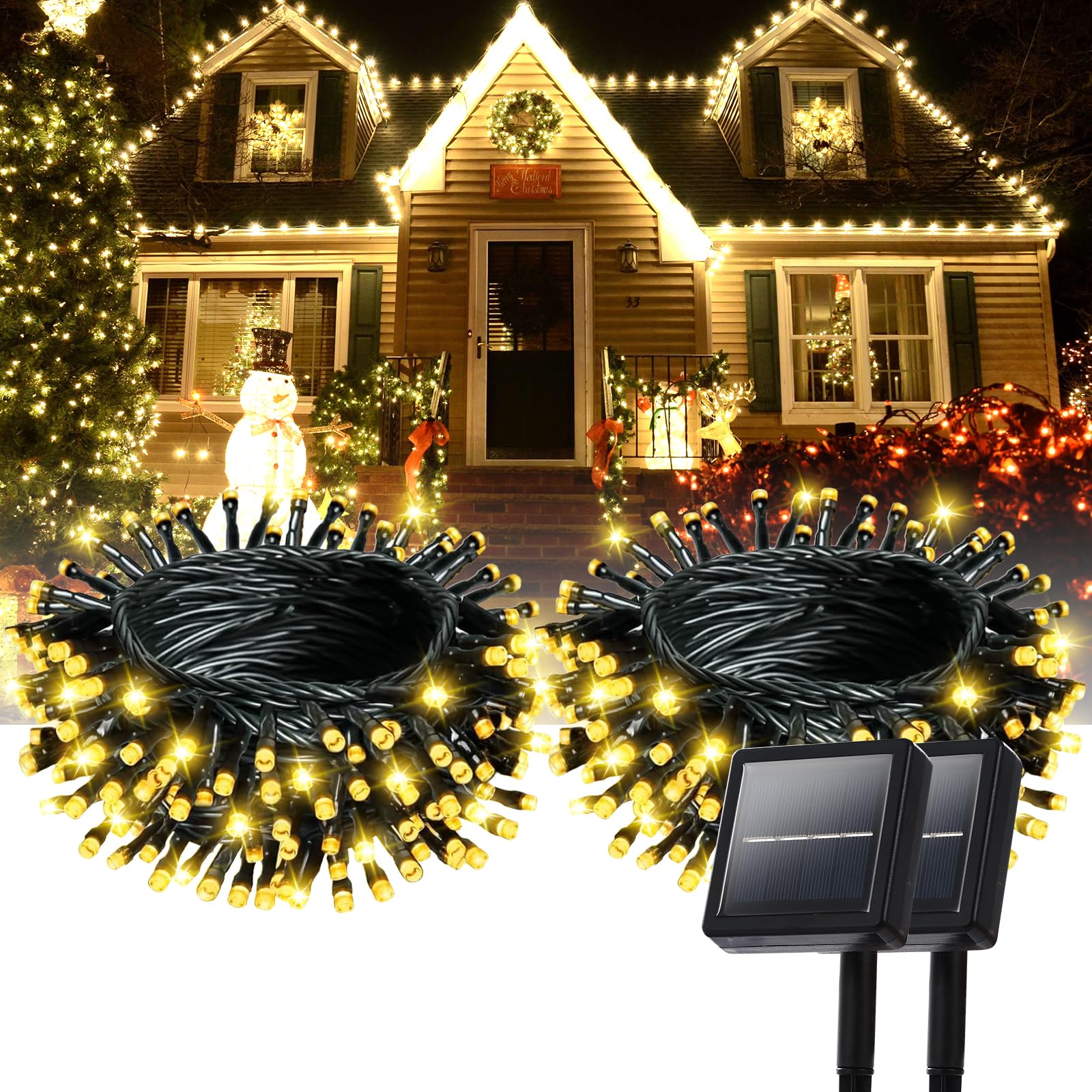 Lycklig 2 Pack 240 Led Solar String Lights For Outside, 55Ft Outdoor Solar String Lights, Waterproof Solar Powered String Light Outdoor With 8 Modes For Garden Tree Patio Wedding Party (Warm White)