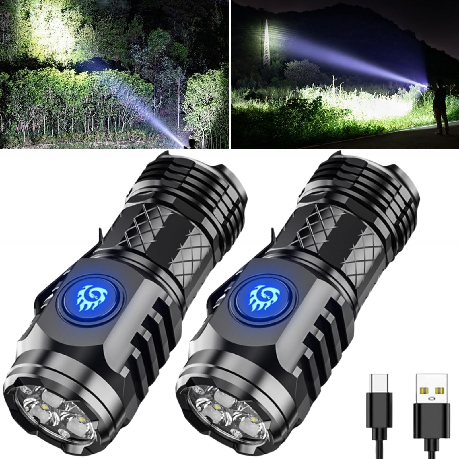 Aultink Three-Eyed Monster Mini Flash Super Power Flashlight, German Thumb Sized 3 Eyed Monster Mini Flashlight, Outdoor Small High Lumen Rechargeable Waterproof Pocket Flashlight (2Pcs-Black)