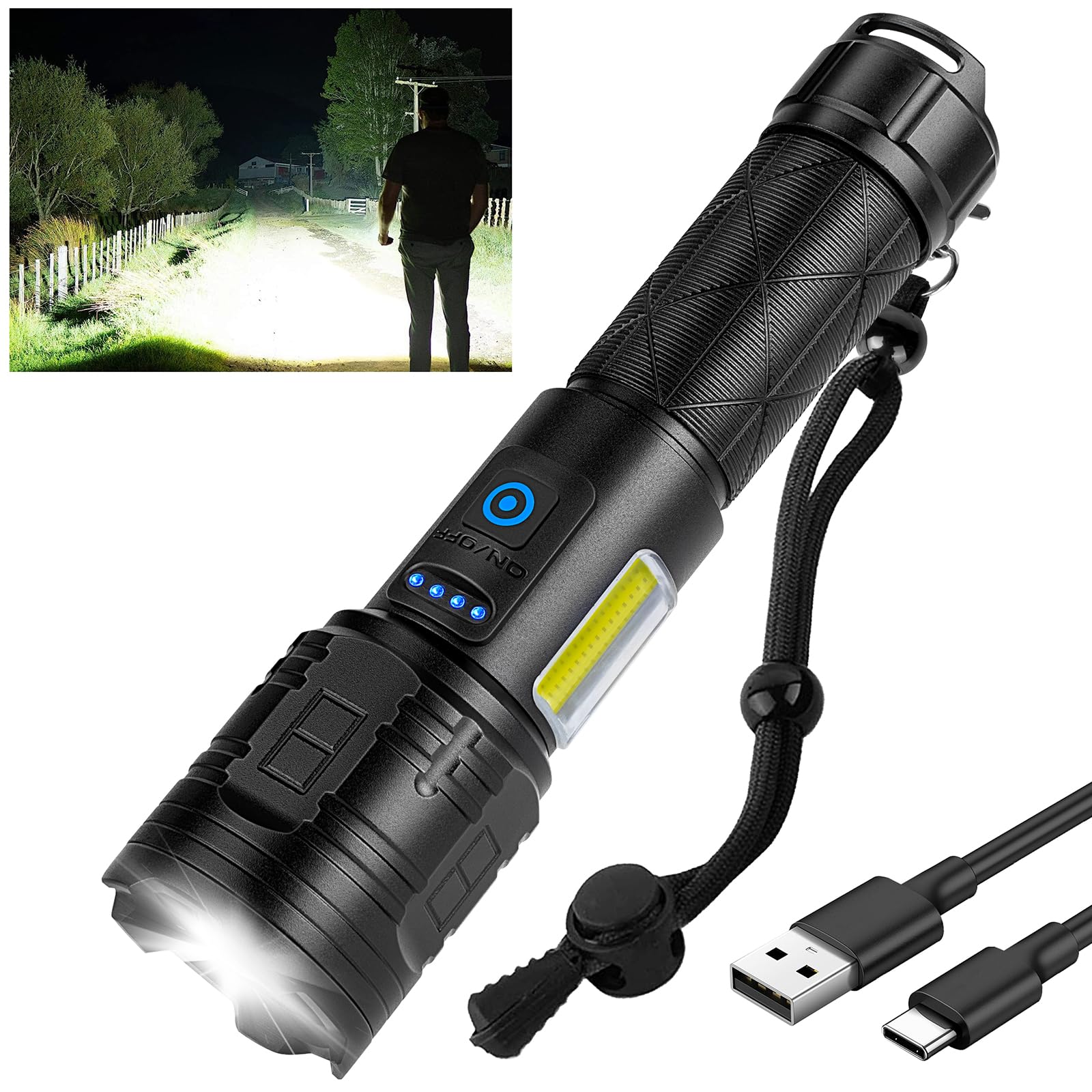 Azamine Rechargeable Flashlights High Lumens - 990000 Lumen Super Bright Flashlight, 7 Modes With Cob Work Light, Ipx7 Waterproof Led Flash Light For Home, Camping, Hiking