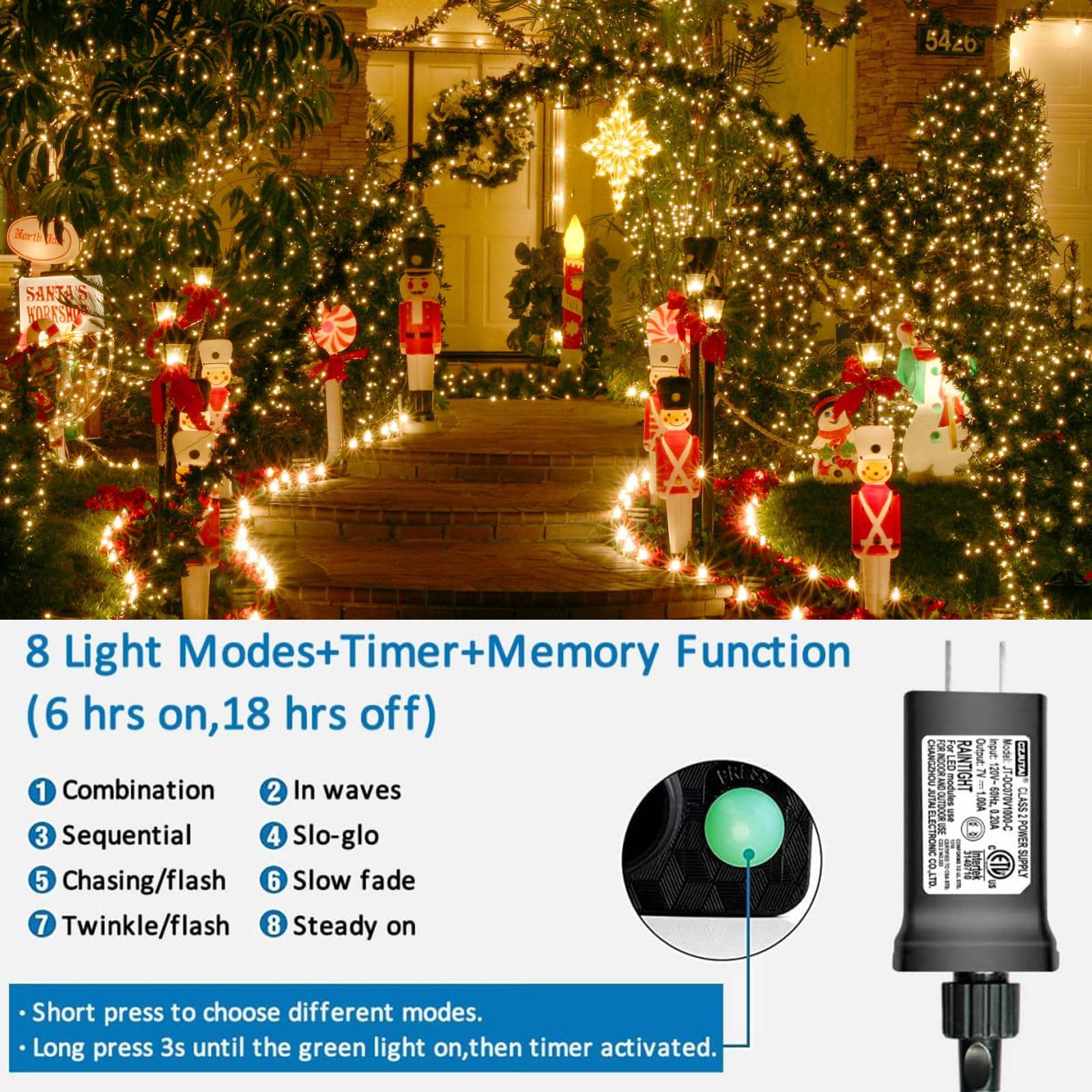 Yeguo 500 Led 165Ft Christmas Lights Outdoor Waterproof, Warm White String Lights Indoor, 8 Modes Green Wire Twinkle Xmas Tree Lights Plug In For Holiday With Memory Timer