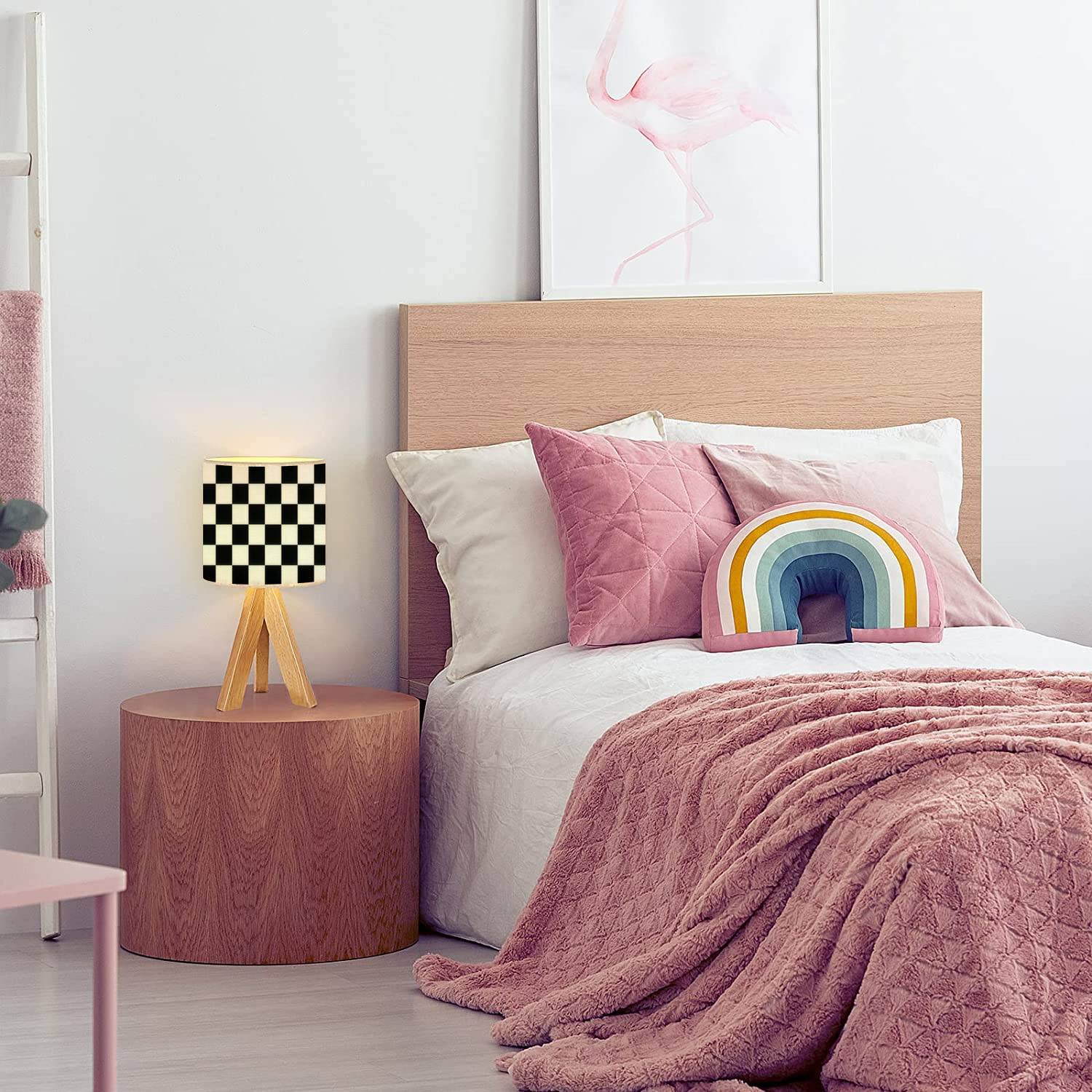 Oepwqiwepz Tripod Bedside Desk Table Lamp Black White Checkered Seamless Endless Racing Flag Texture Wood Nightstand Lamp With Linen Fabric Shade For Nursery Bedroom Living Room Kids Room