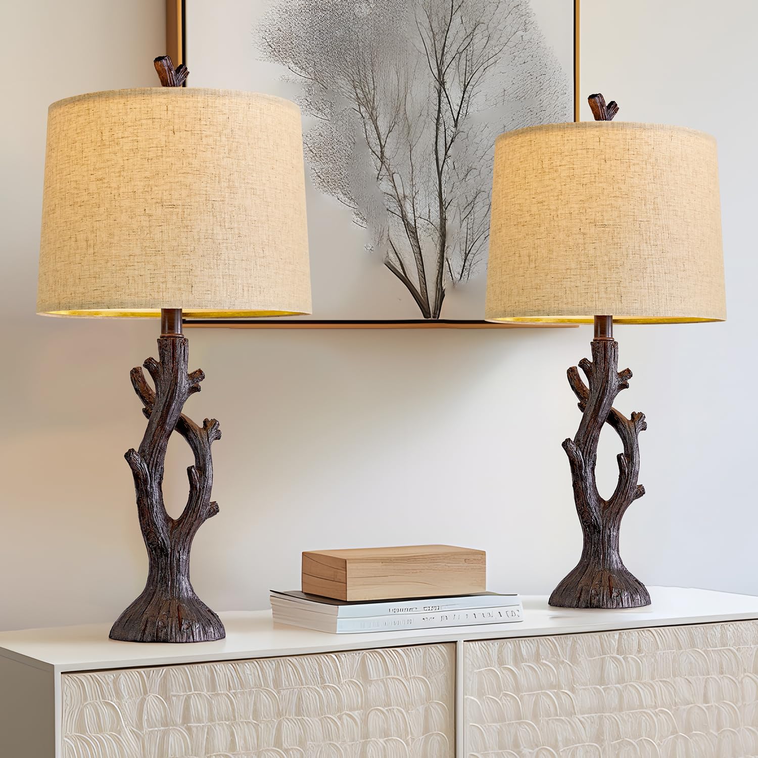 Oyears 25" Farmhouse Table Lamp Set Of 2 For Living Room Bedroom Resin Bedside Tree Lamp Nightstand End Table Lamps Vintage Natural Style