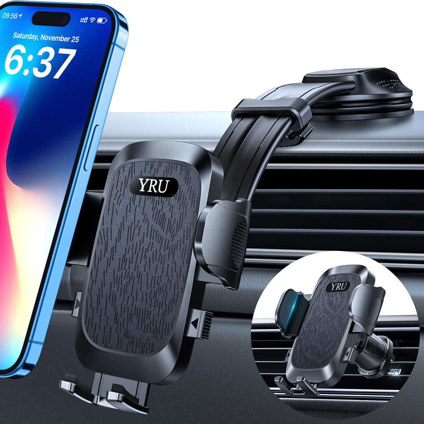 Yru [ Ultimate Car Phone Holder Mount [Bendable & Adjustable Aluminum Arm] Cell Phone Holder For Car Dashboard Windshield Phone Stand For Iphone 16 15 14 13 Pro Max Samsung Pickup Truck, Black