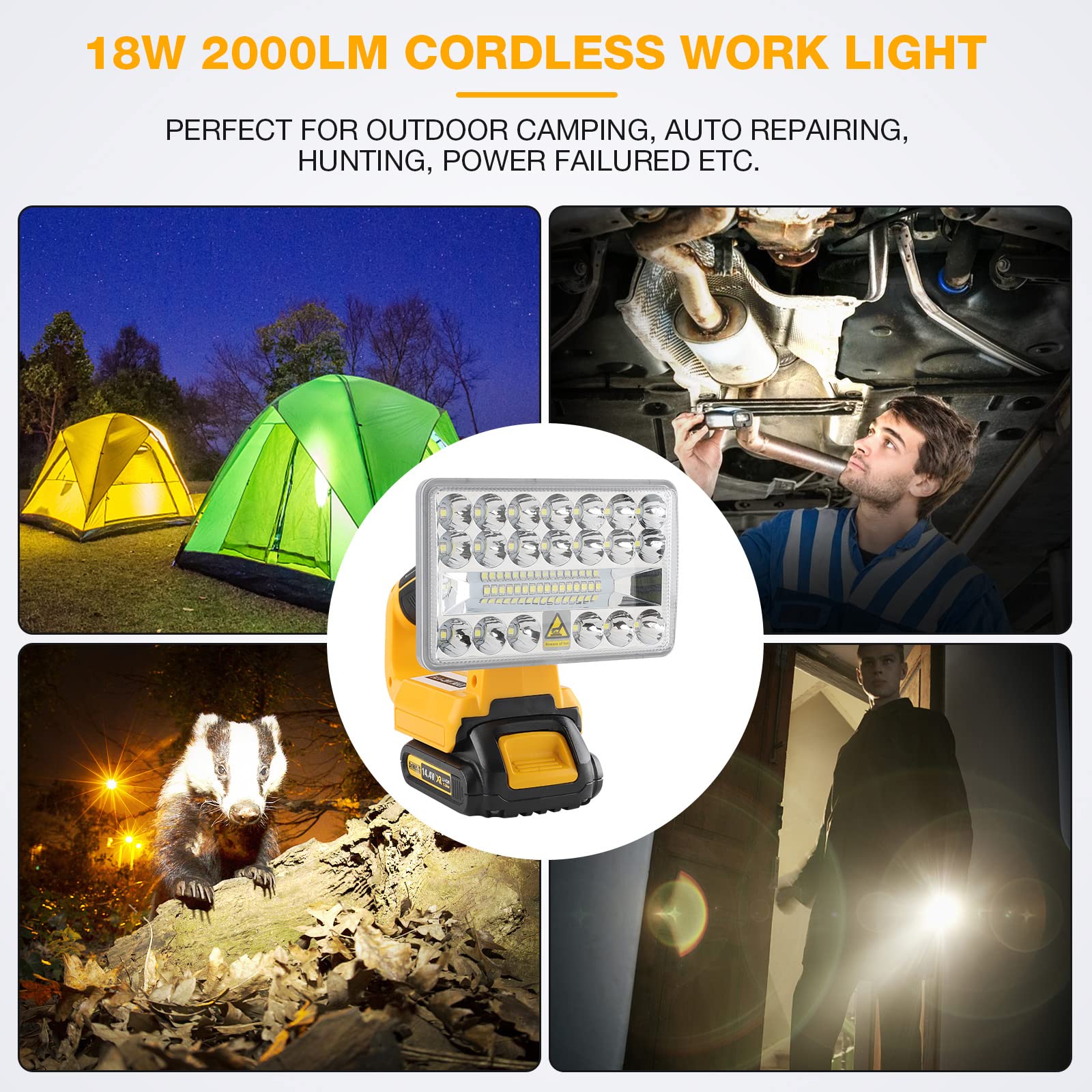 Hiesuan Led Work Light For Dewalt 20V Battery, 18W 2000Lm Flashlight Spotlight Portable Outdoor Light With 5V 2.1A Usb Port For Repairing, Garage, Camping, Jobsite