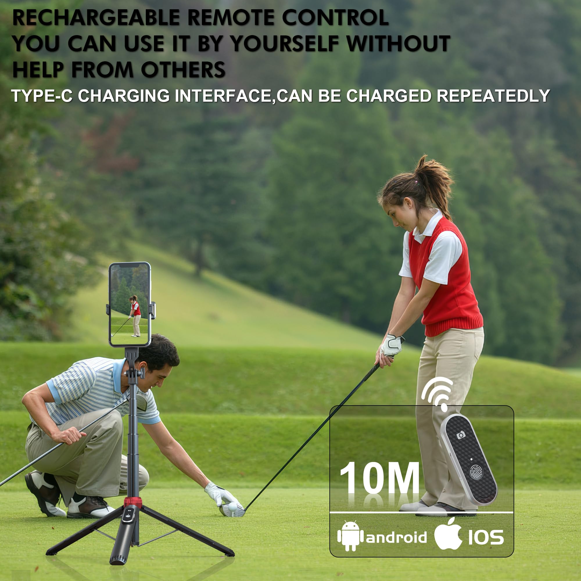 Eug-Products 61" Magnetic Phone Tripod & Selfie Stick For Golf Training, Extendable Cell Phone Tripod Stand With Wireless Remote And Phone Holder, Golf Training Aid - Compatible With Iphone Android (Black)