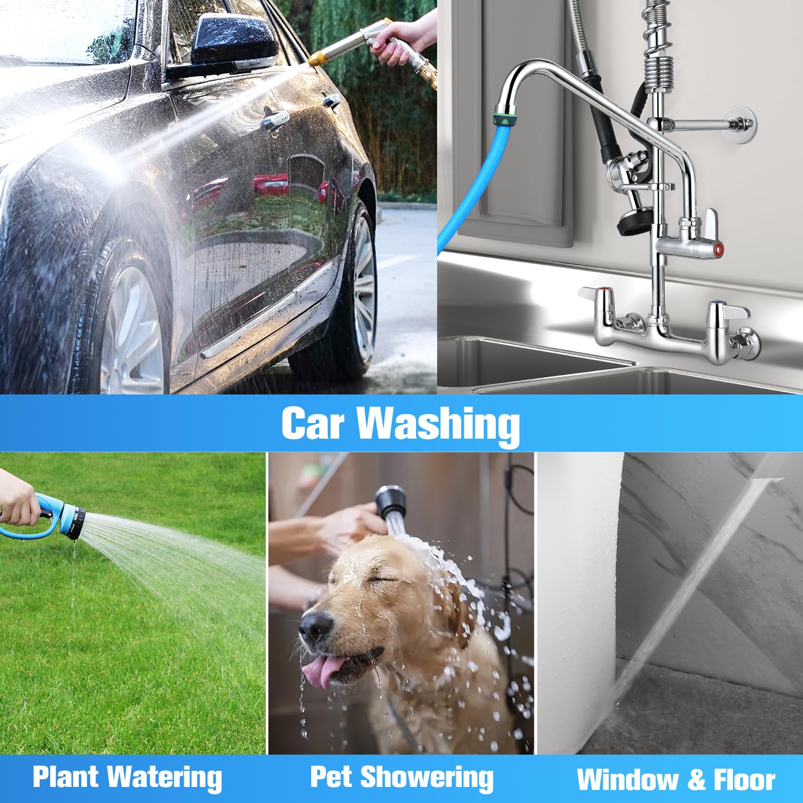 Aplwy Commercial Kitchen Faucet Wall Mount With Pre-Rinse Sprayer 26" Height 8 Inch Center Wall Mount Kitchen Sink Faucet With Pull Down Spray And 12" Add-On Spout