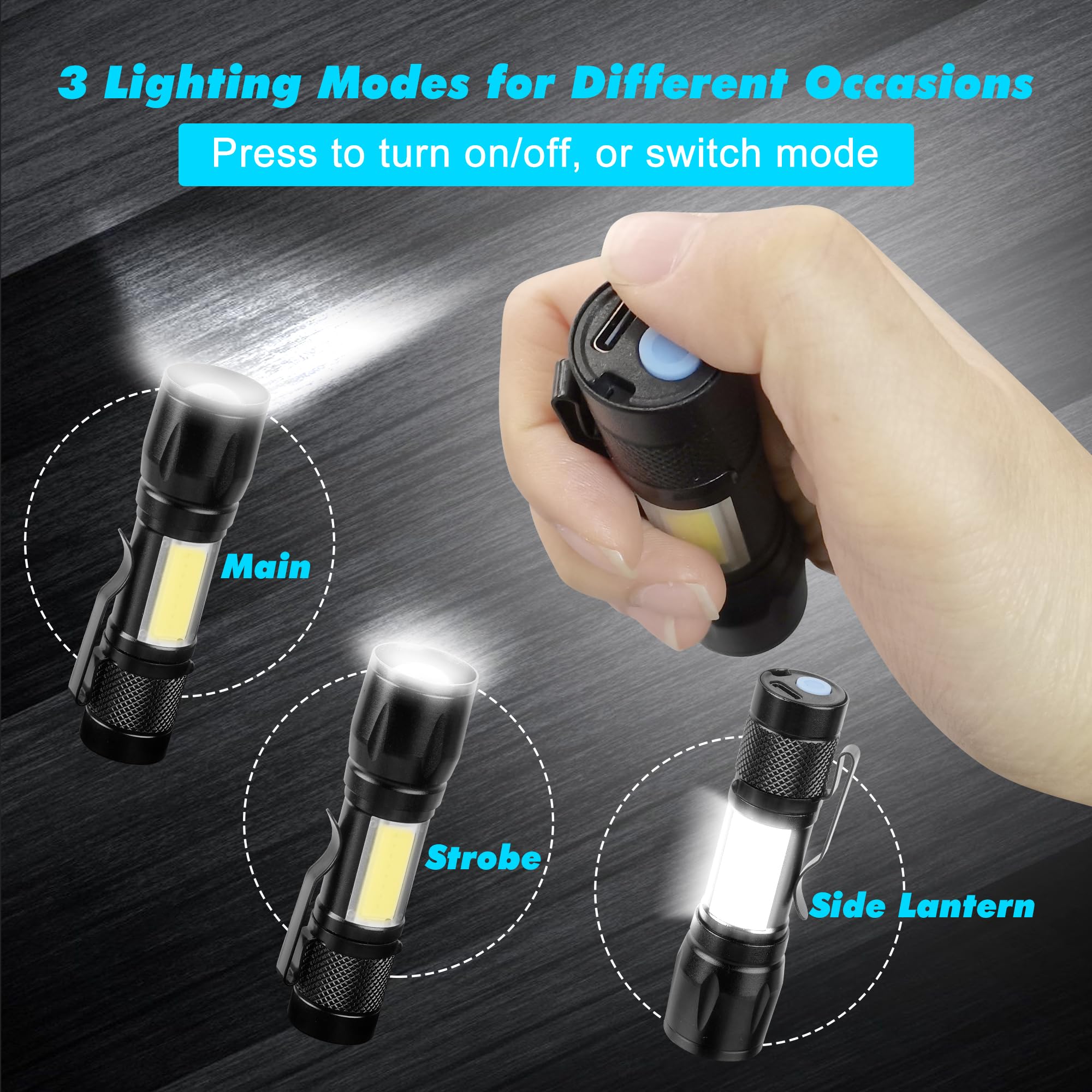 Kunhe Rechargeable Flashlights Usb-C Stocking Stuffers Small Led Lantern Flashlights Bright Clip-On Light Edc Flash Light With Side Cob Light For Camping Home Emergency 4 Pack