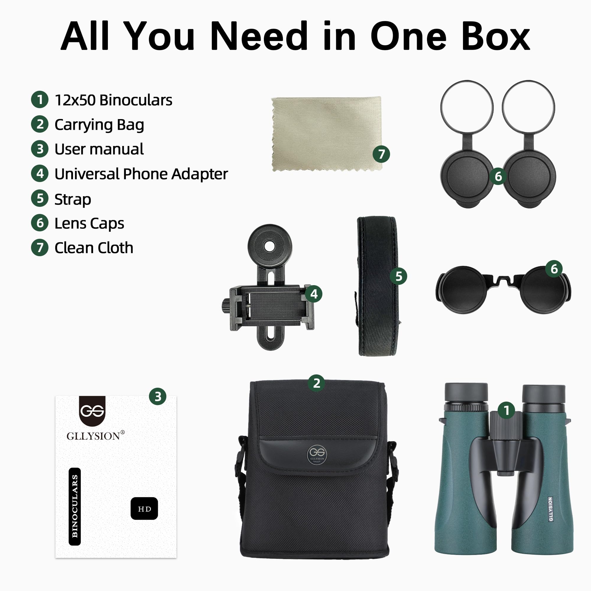 Gllysion 12X50 Uhd Binoculars For Adults High Powered With Phone Adapter, Super Bright Ipx7 Waterproof Binoculars With Bak4 Prisms, Professional Binocular For Hunting Bird Watching Stargazing Safari Travel