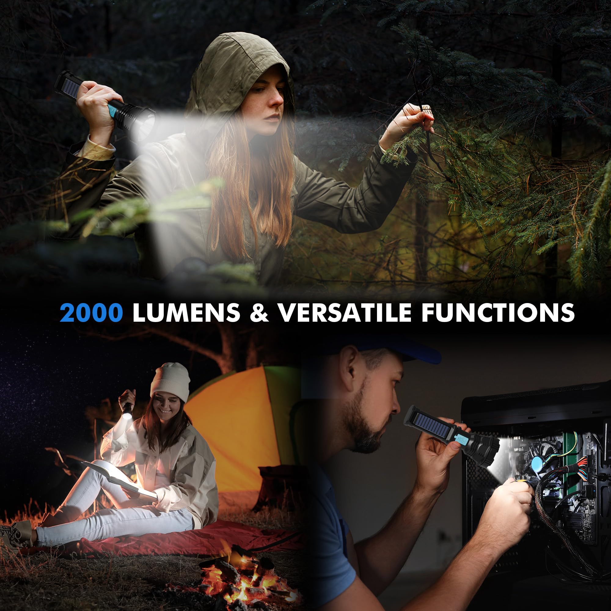 Rumiom Solar/Rechargeable Led Flashlights, Multi Function Flashlight With 2000 Mah Battery, Emergency Strobe Light, Waterproof, Fast Usb Charging, Survival Gear And Supplies For Camping, 2 Pack