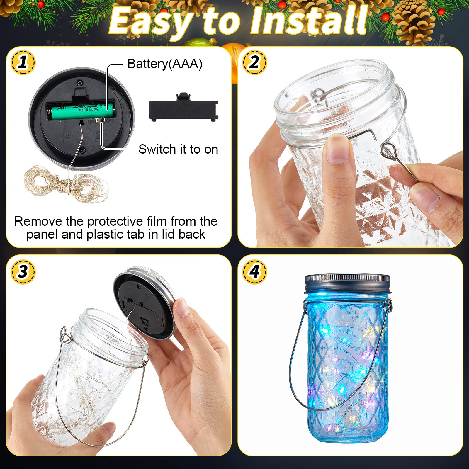 Tuanse 20 Sets Solar Lantern Lights Sets 30 Led Fairy Mason Jar Lights With Jar Lid Waterproof Lantern String 20 Hangers For Outdoor Yard Patio Lawn Garden Christmas, Jars Not Included