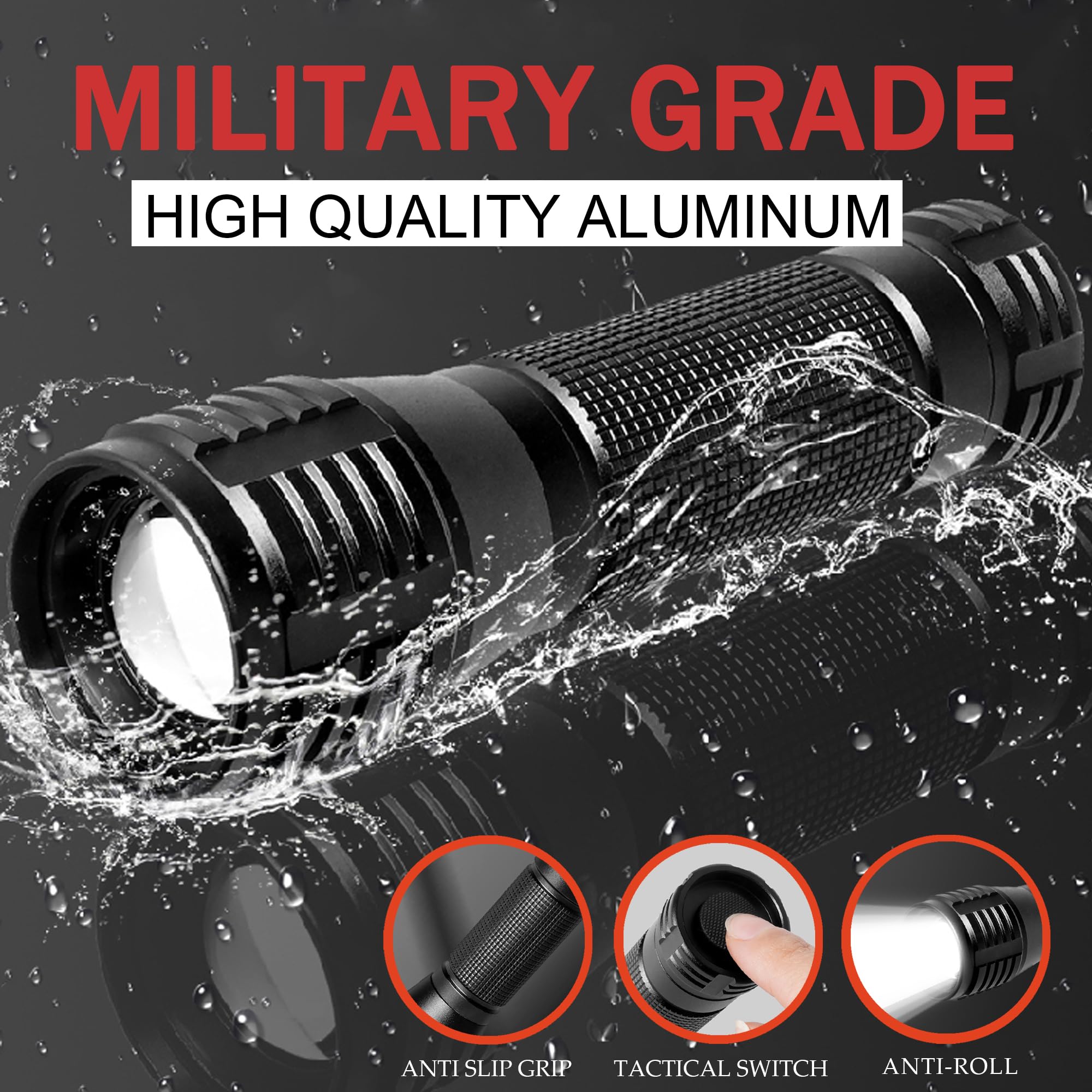 Xysrz Led Flashlight 3000 Lumen Zoomable Flash Light 3 Modes Water Resistant Handheld Torch, 2 Pack