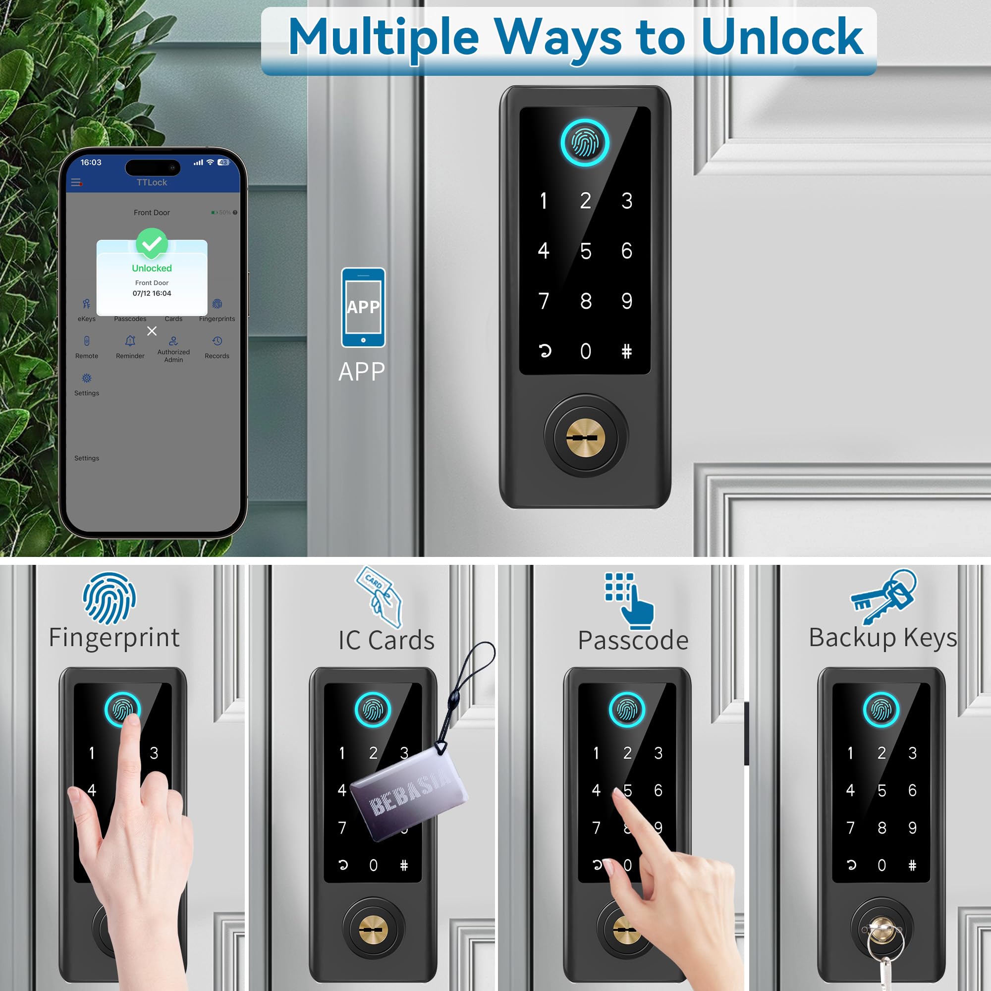 Bebasia Smart Fingerprint Door Lock With Handle Set, Full App Control, Electronic Digital Touchscreen Keypad, Deadbolt Smart Locks For Front Door, Auto Lock, Black