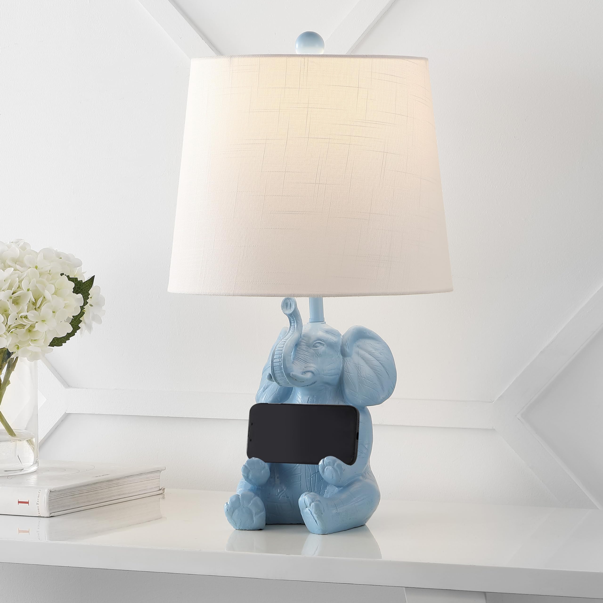 Jonathan Y Jyl4060C Kairi 21" Modern Shabby Chic Resin/Iron Happy Elephant Led Kids' Table Lamp With Phone Stand For Bedroom, Living Room, Office, Blue