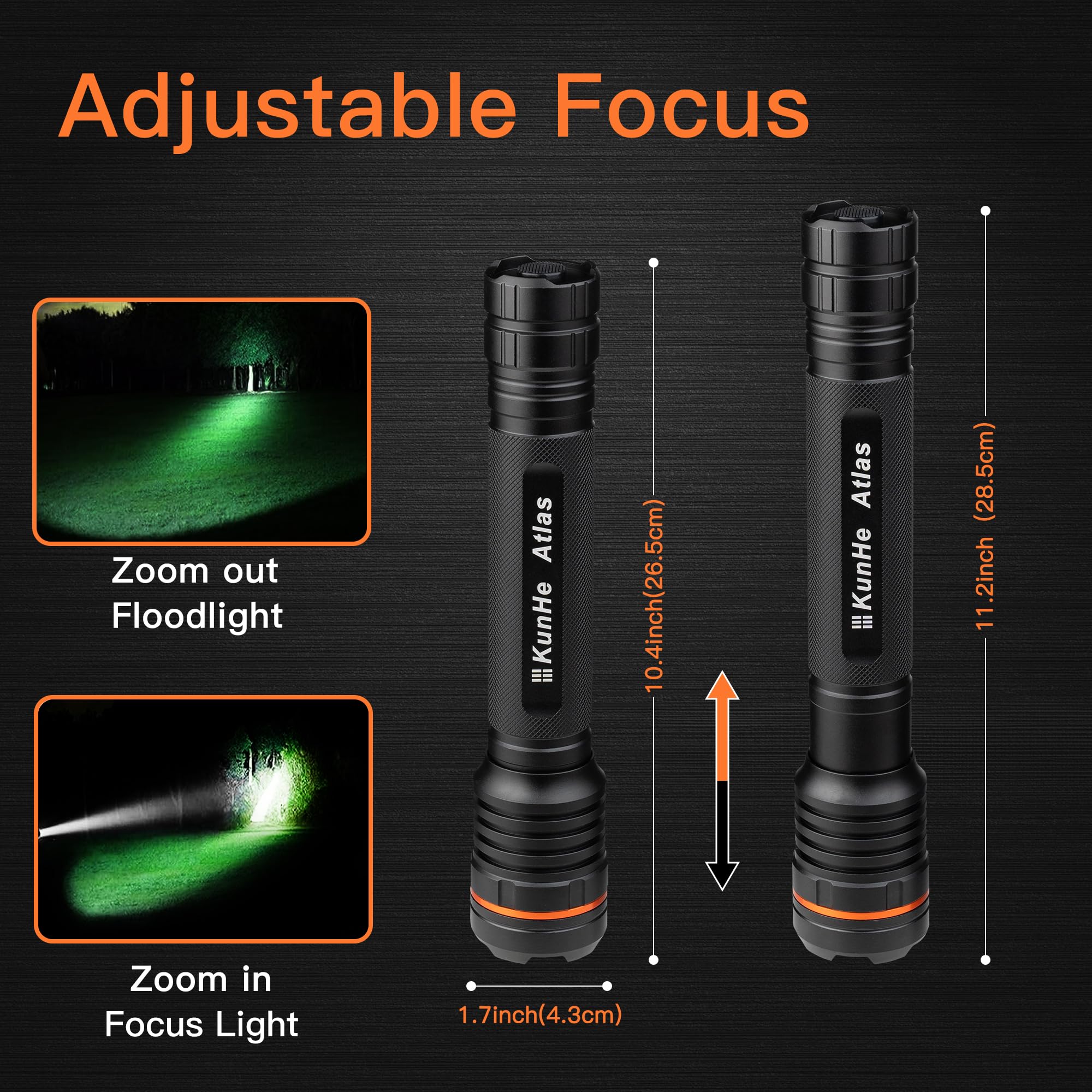 Kunhe Heavy Duty 3D Cell Led Flashlights Large Aluminum Zoomable High Lumens-1200 Lm Battery Powered Single Mode Flash Light- Big Security Flashlight For Home Emergency Power Outages Camping Car