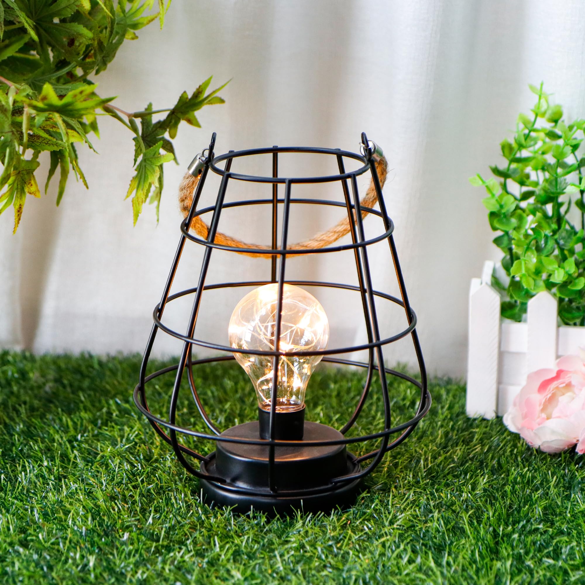 Jhy Design 8.5" H Cage Bulb Lantern Decorative Table Lamp Battery Powered Cordless Light With Warm White Fairy Lights Led Edison Bulb Lamp For Living Room Bedroom Home Wedding(Black)