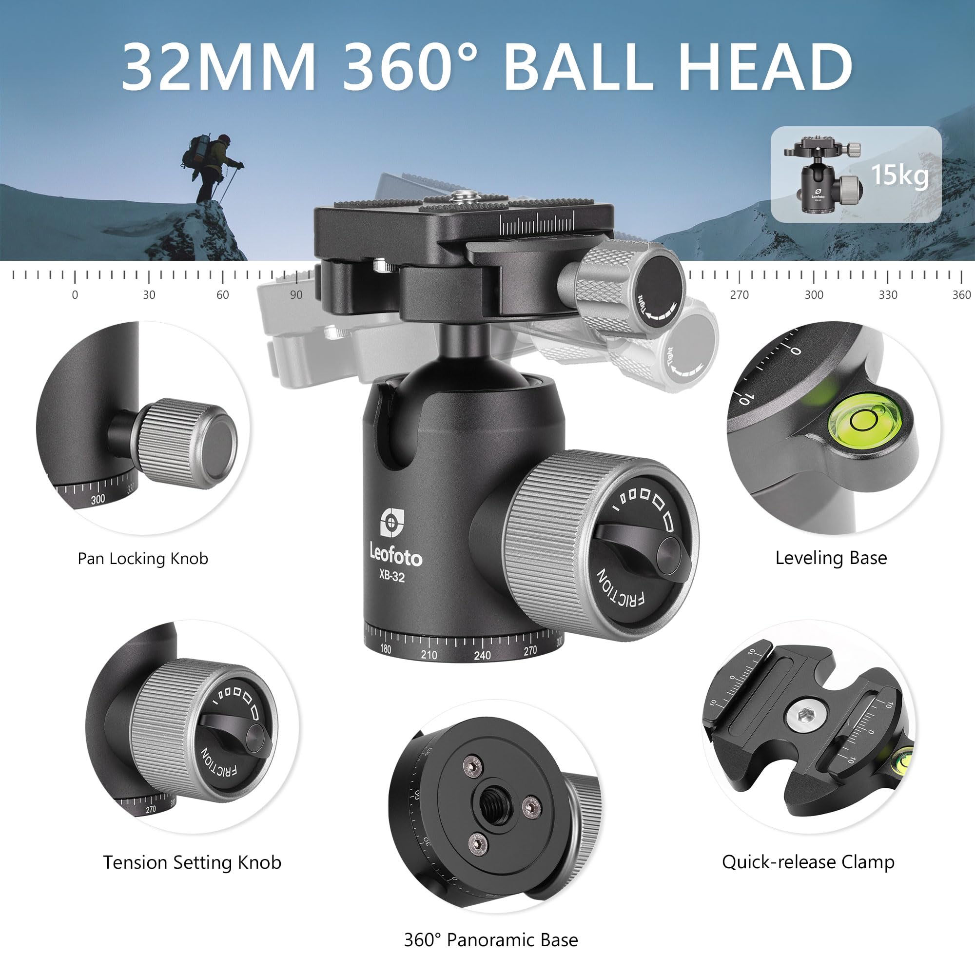 Leofoto Carbon Fiber Lightweight Travel Tripod With 360° Ball Head, Reverse Folding, Removable Center Column, Folded Height 36Cm, Maximum Load 8Kg (Lx-255Ct+Xb-32)