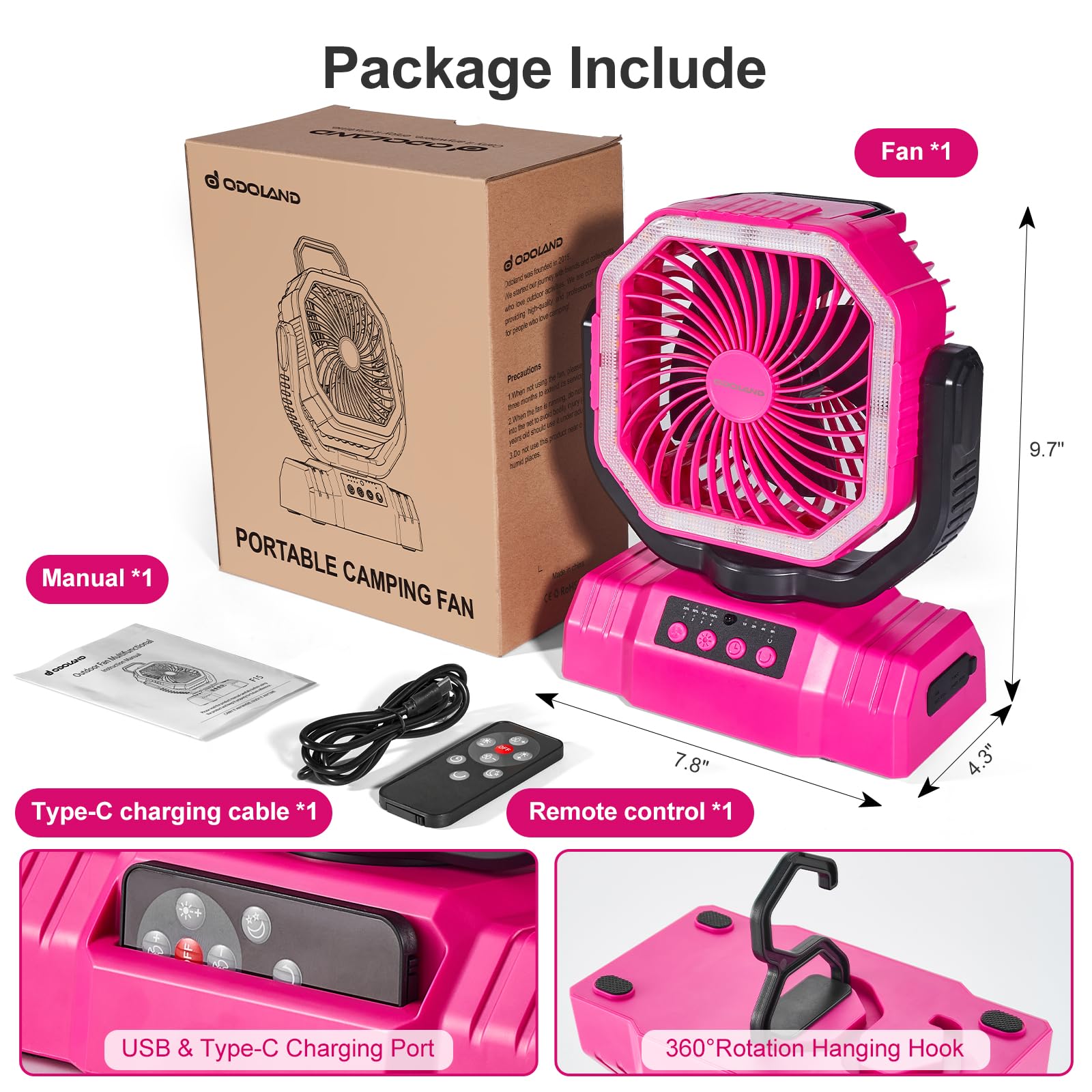 Odoland Portable Camping Fan With Led Lantern, 20000Mah Rechargeable Battery Powered Fan