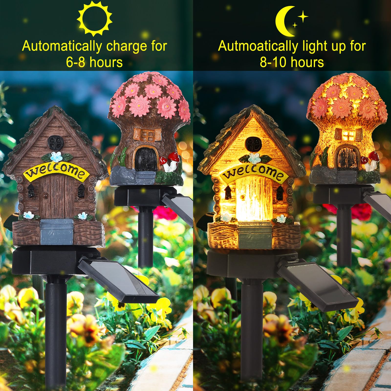 Rossesay 2 Pack Outdoor Garden Mushroom Fairy House Solar Light Home Statue Led Light Fairy Lights For Outside Garden Lawn Walkway Patio Yard Backyard Plant Decoration