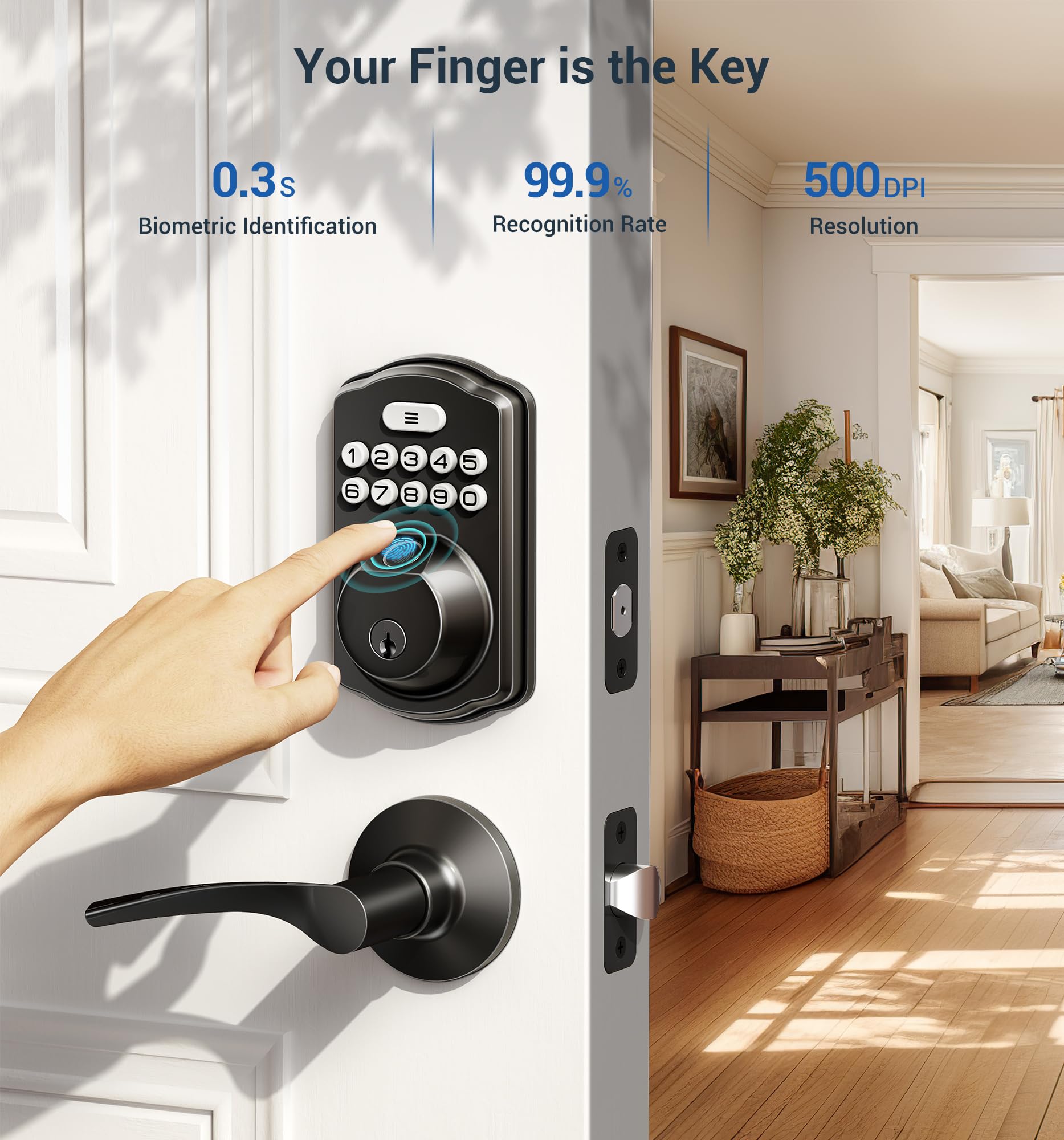Veise Fingerprint Door Lock With 2 Lever Handles - Keyless Entry Door Lock, Electronic Keypad Deadbolt, Digital Smart Code & Front Handle Sets, Auto-Locking, Easy Installation, Matte Black