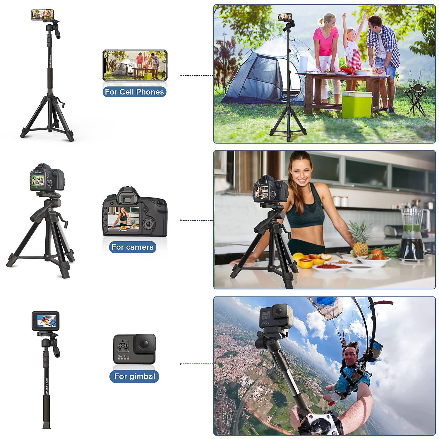 Nianyiso Camera Tripod 69 Inch, Patented 3-Way Swivel Portable Phone Tripod Professional Aluminum Alloy Travel Phone Camera Stand Monopod For Canon Nikon Gopro Dslr, Dv Video Camcorder, Smartphone Black