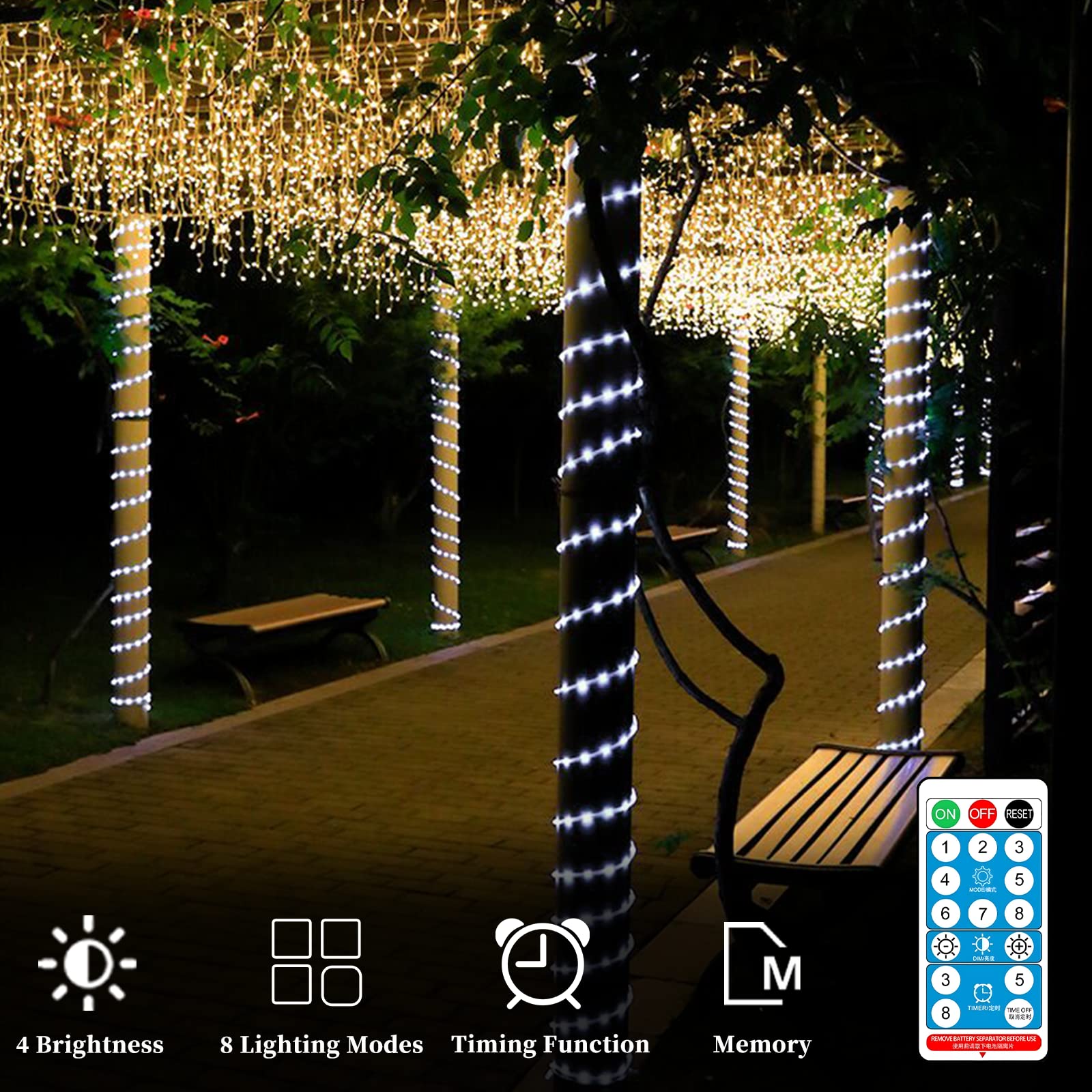 Anjaylia Solar Outdoor Rope Lights, 66Ft 200Leds Solar Powered Rope Lights Outdoor, 8 Modes Dimmable/Timer Remote String Light 3.7V/1200Mah Rope Solar Lights Outdoor Waterproof For Garden Decor, White