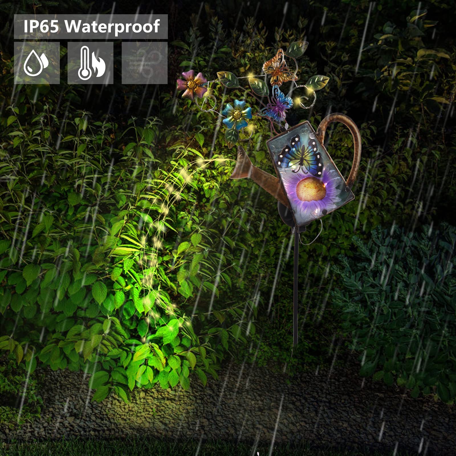 Larekook Solar Outdoor Watering Can Lights-Butterfly Decorative Path Lights, Metal Glass Solar Powered Garden Waterfall Decor Ornament For Yard Lighting Outside