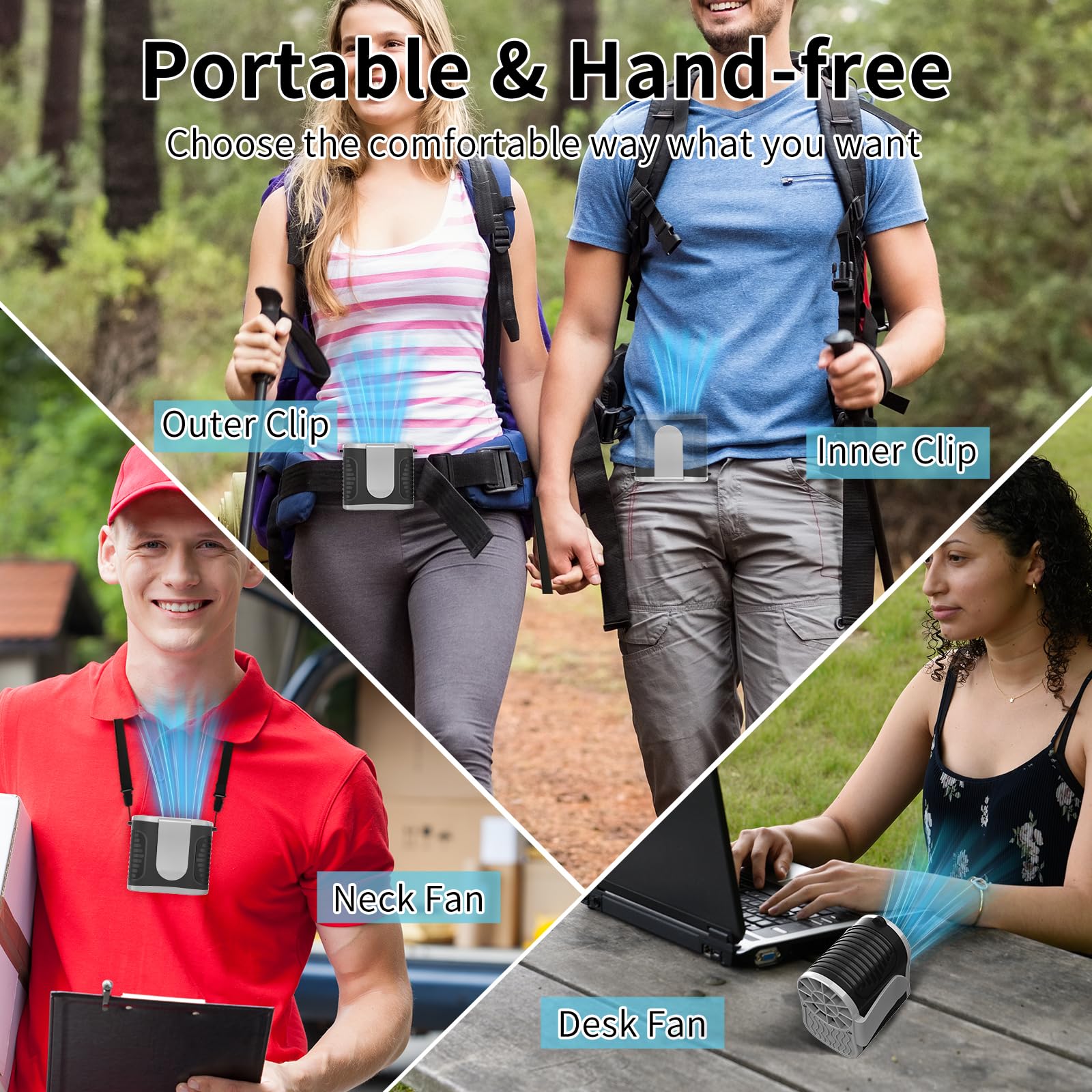 Personal waist and neck fan rechargeable with powerful airflow for summer cooling