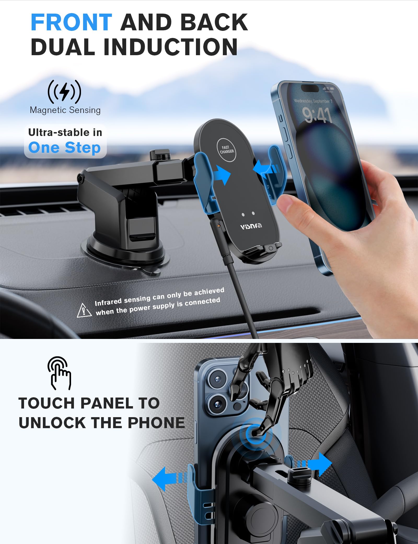 Visnfa Wireless Car Charger, 15W Fast Charging Car Phone Holder, 3 In 1 Phone Mount Auto Clamping Car Accessories Fit For Iphone 15/14/13/12 Pro/12/11/X/8, Galaxy S23 Ultra S22 S21/S10+, Etc, Black