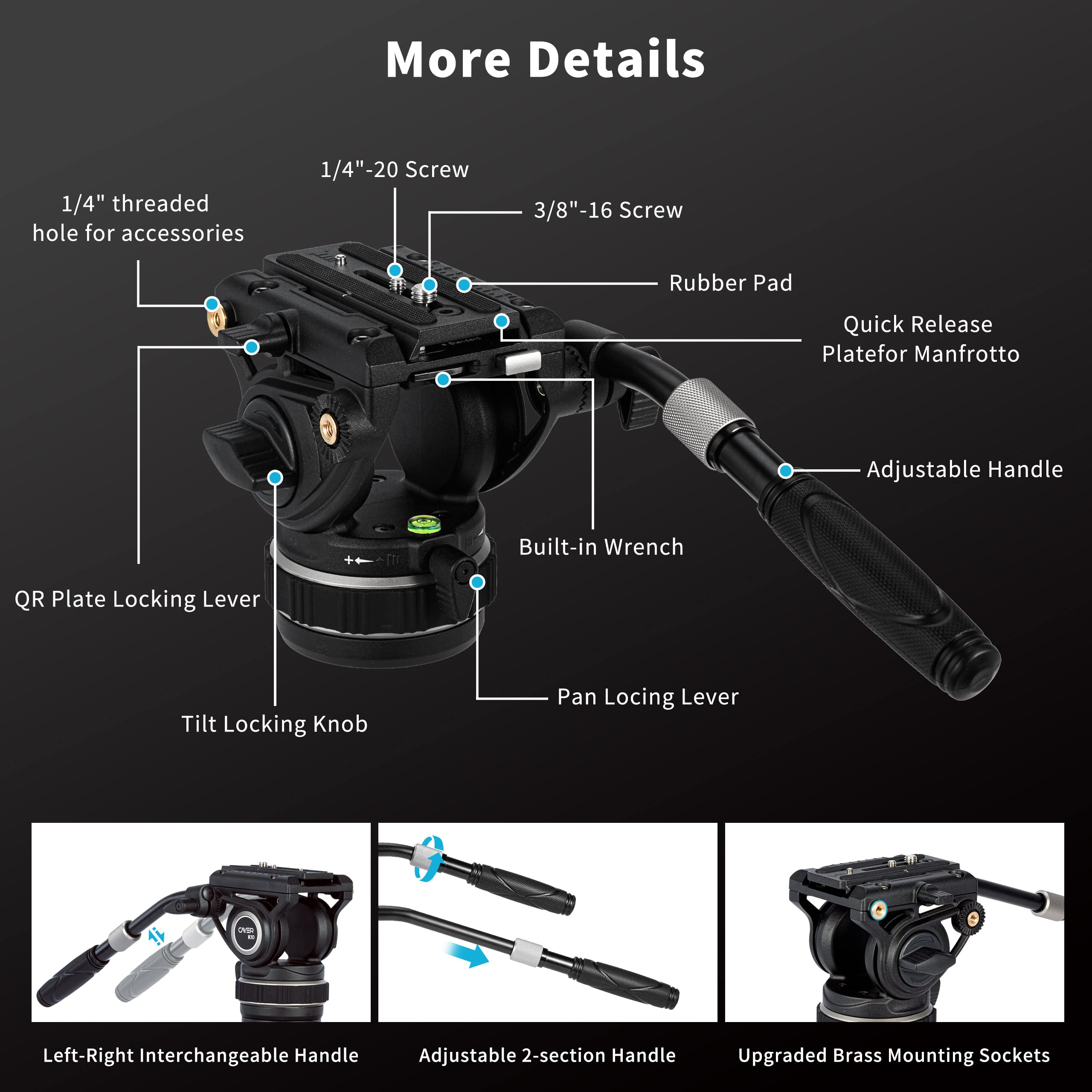 Cayer K10 Pro Video Fluid Head With 75Mm Flat Base, Adjustable Pan Drag And Telescopic Handle, Heavy Duty Tripod Fluid Head For For Dslr Cameras, Camcorders, Max Load 22 Lb/10 Kg