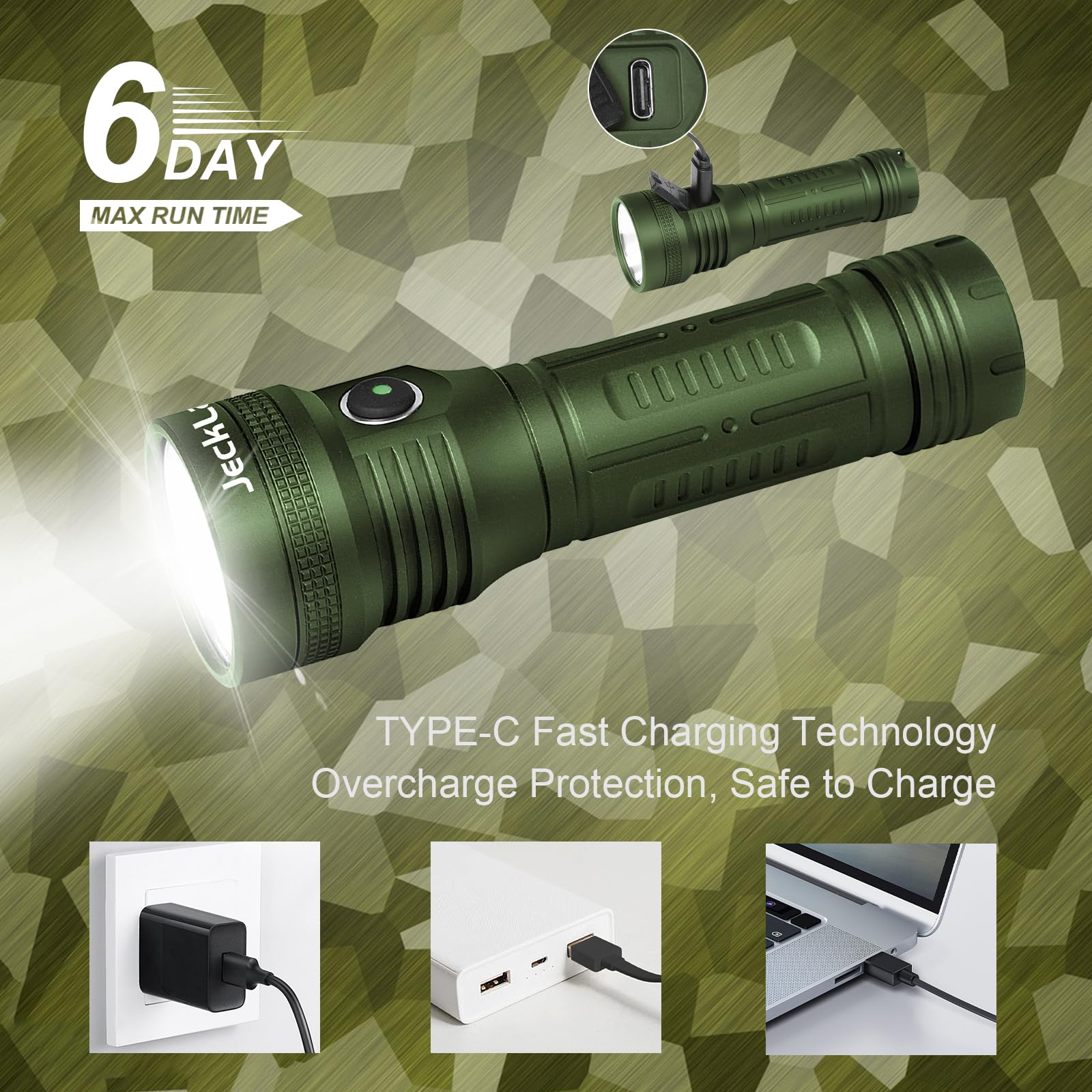 Jecklamp Tactical 1270High Lumens Flashlight With 6 Modes, Rechargeable Led Flashlight With Type-C Cable, Ipx8 Waterproof Edc Flashlight For Camping Emergency Everyday Use