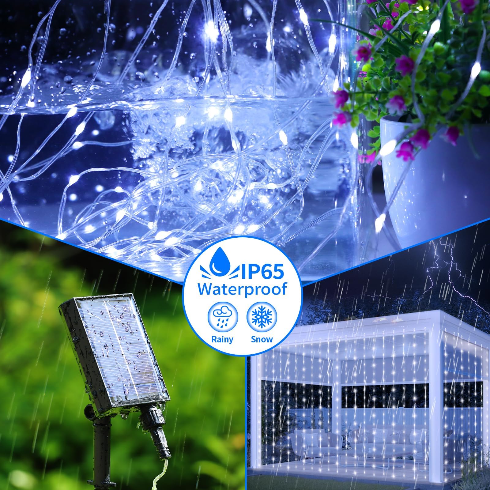 Mdedl Solar Curtain Lights 600 Led Outdoor Waterfall String Lights Waterproof 8 Modes Remote Type C Charging Hanging Twinkle Fairy Lights Dimmable For Christmas Gazebo Party Wedding Window