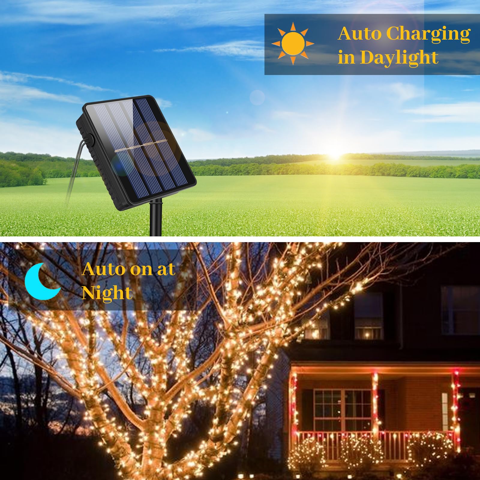 Elavika Solar Christmas Lights Outdoor, 2 Pack 40Ft 100 Leds, Total 80Ft 200 Led, Waterproof Solar Powered String Lights For Outside Xmas Tree Garden Fence Patio Balcony Decoration, Warm White