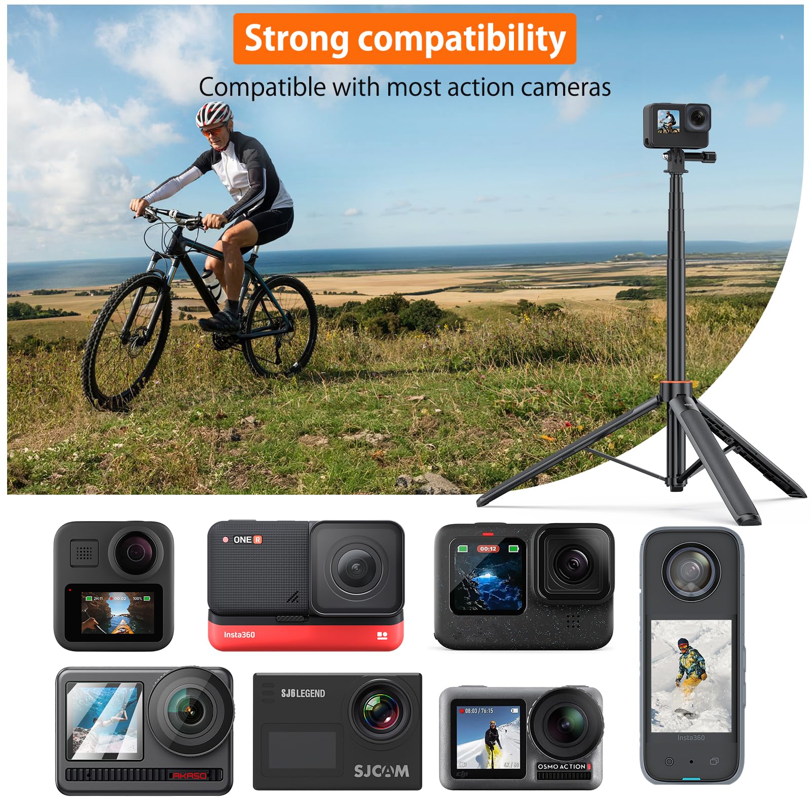Uurig Vrig Extendable Selfie Stick Tripod For Gopro Max Hero 10 9 8 7 6 5 4, Dji Osmo Action, Insta 360 One R And More Action Camera（55.1''）