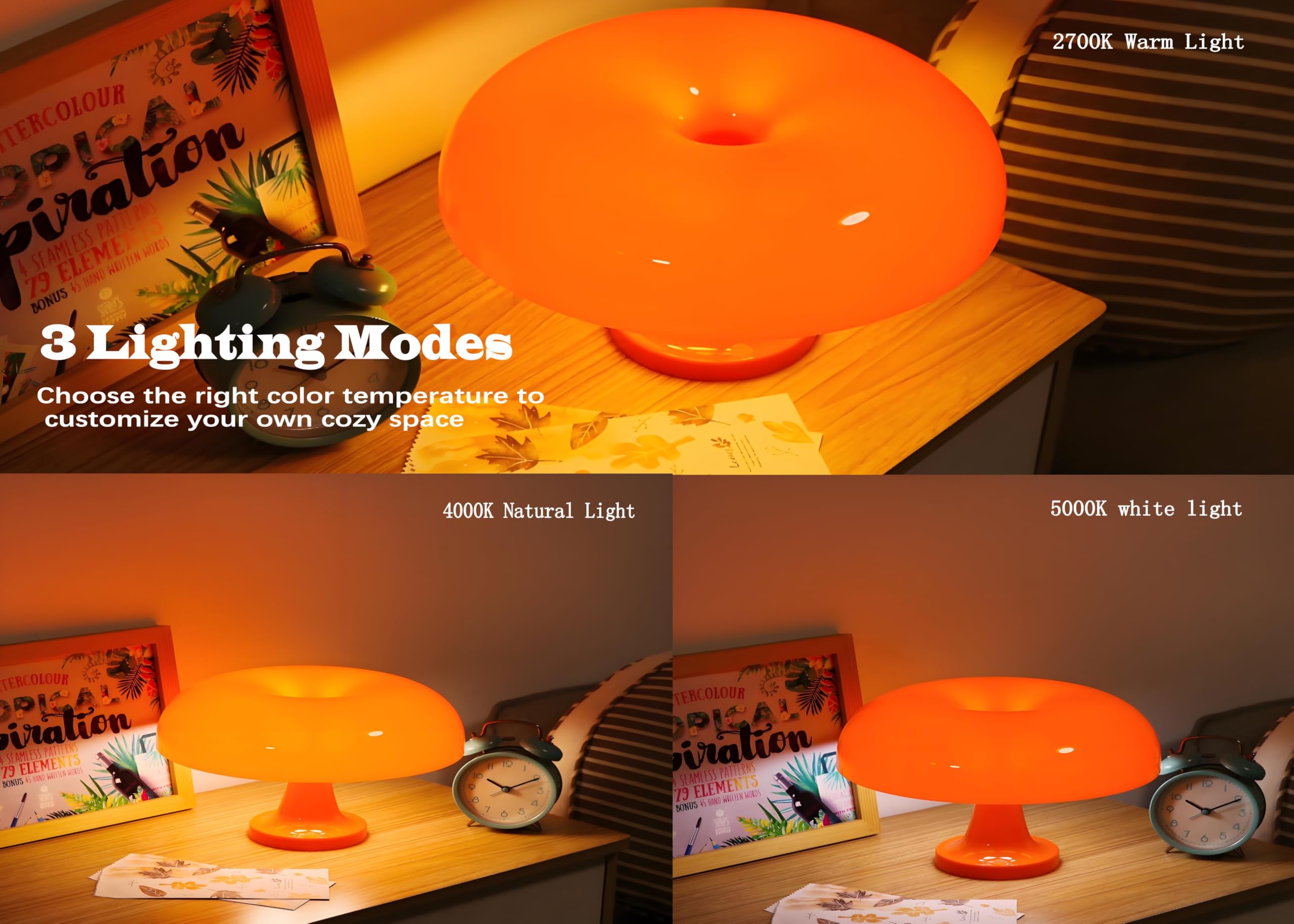 Joanajo Orange Mushroom Lamp Dimmable Mushroom Table Lamp With 3 Lighting Modes Plug Donut 70S Retro Mid Century Lamp For Room Aesthetic Modern Lighting For Bedroom Living Room Home Decor &