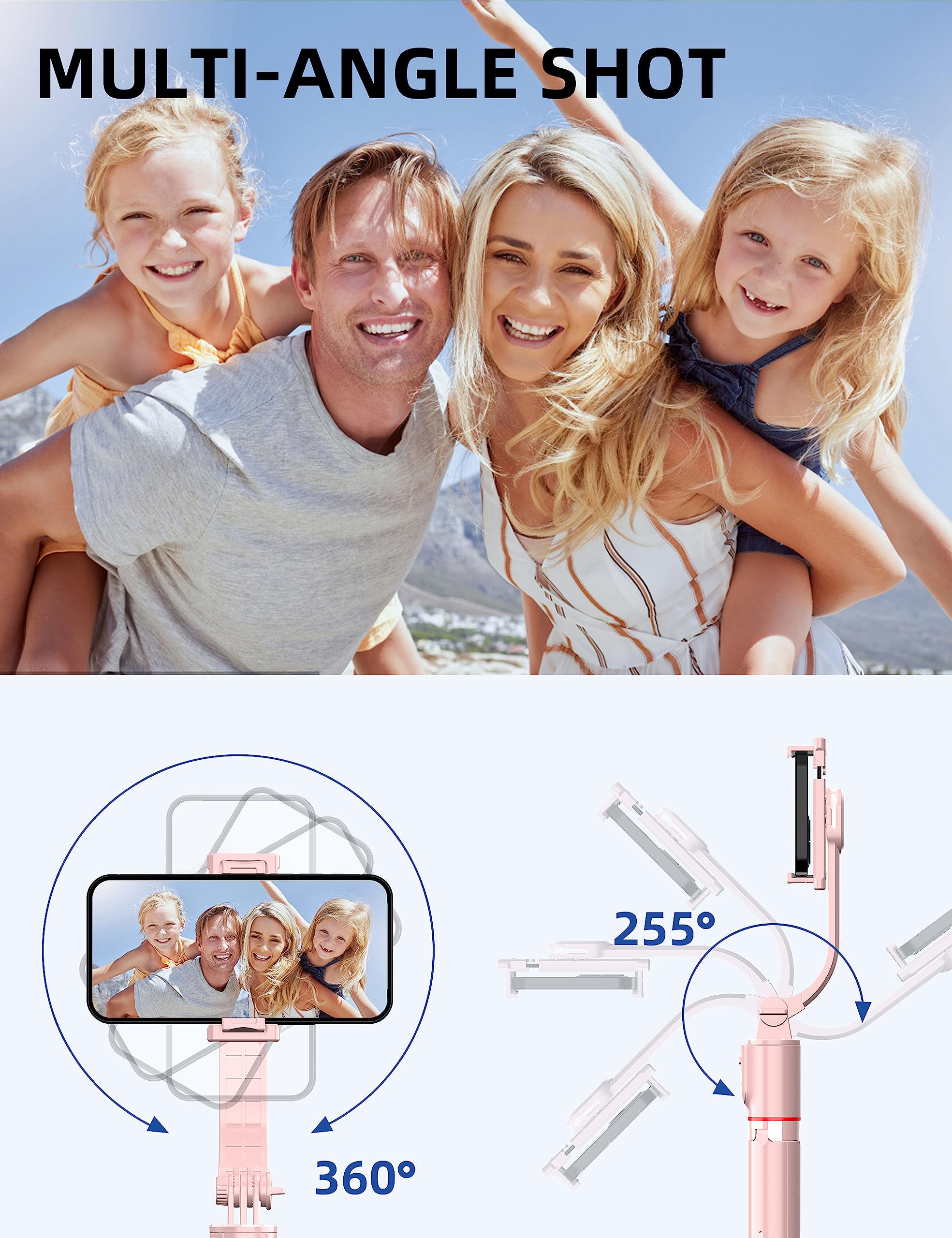Selfieshow 41'' Phone For Tripod, Selfie Stick Tripod Stand With Wireless Remote Extendable Aluminum Cell Phone Tripod Stand 360°Rotate Lightweight & Portable Tripod Compatible With Iphone/Android (Pink)