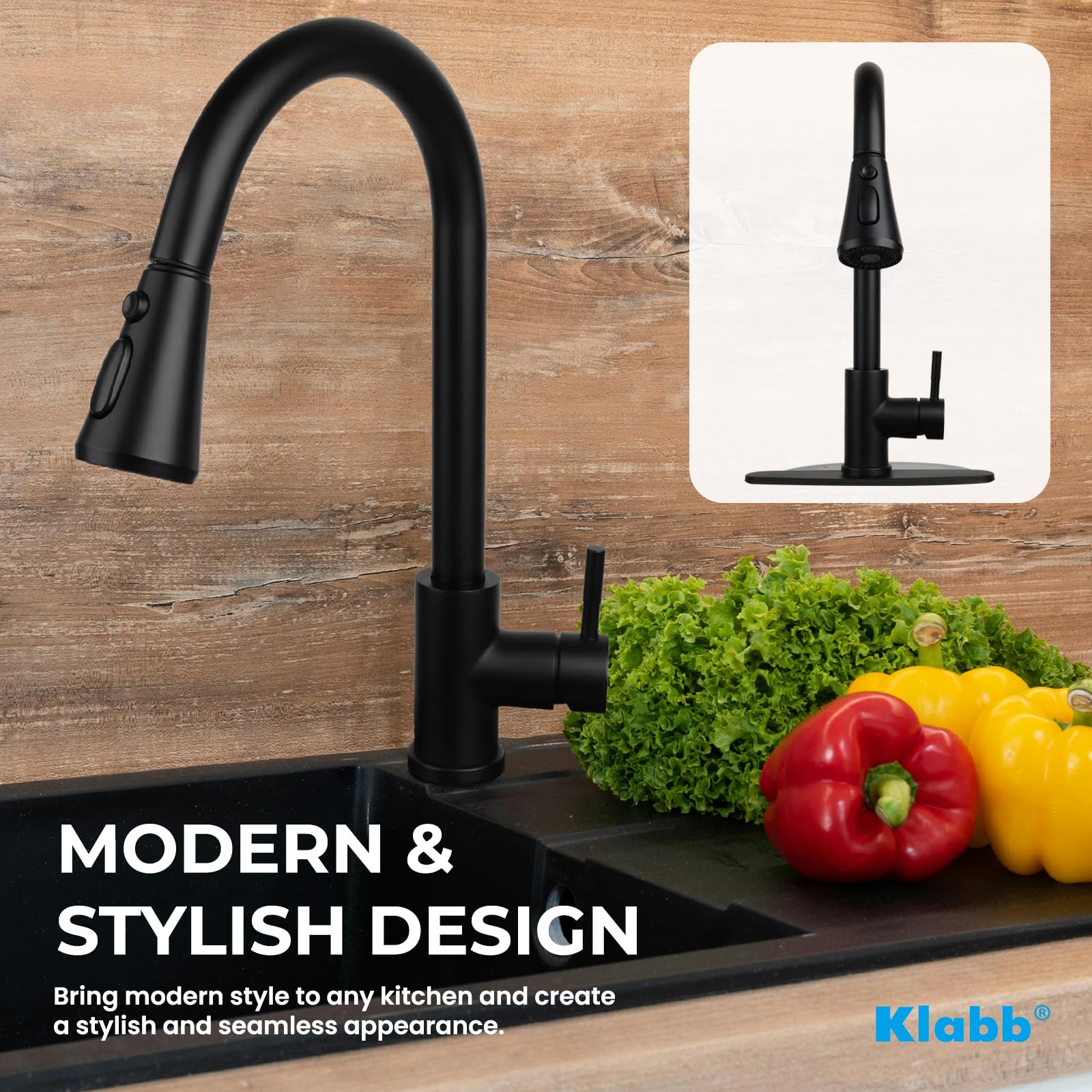 Klabb Kitchen Faucet, Matte Black Single Handle Brass Pull-Out Faucet With Sprayer & Deck Plate, Durable & Easy To Install For Kitchen Sink