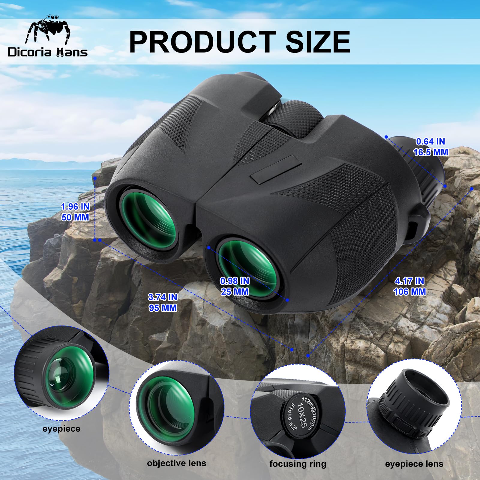 Dicoria Hans 10X25 Compact Binoculars For Adults Kids, Small Binoculars For Cruise, Bird Watching, Travel, Theatre And Concerts
