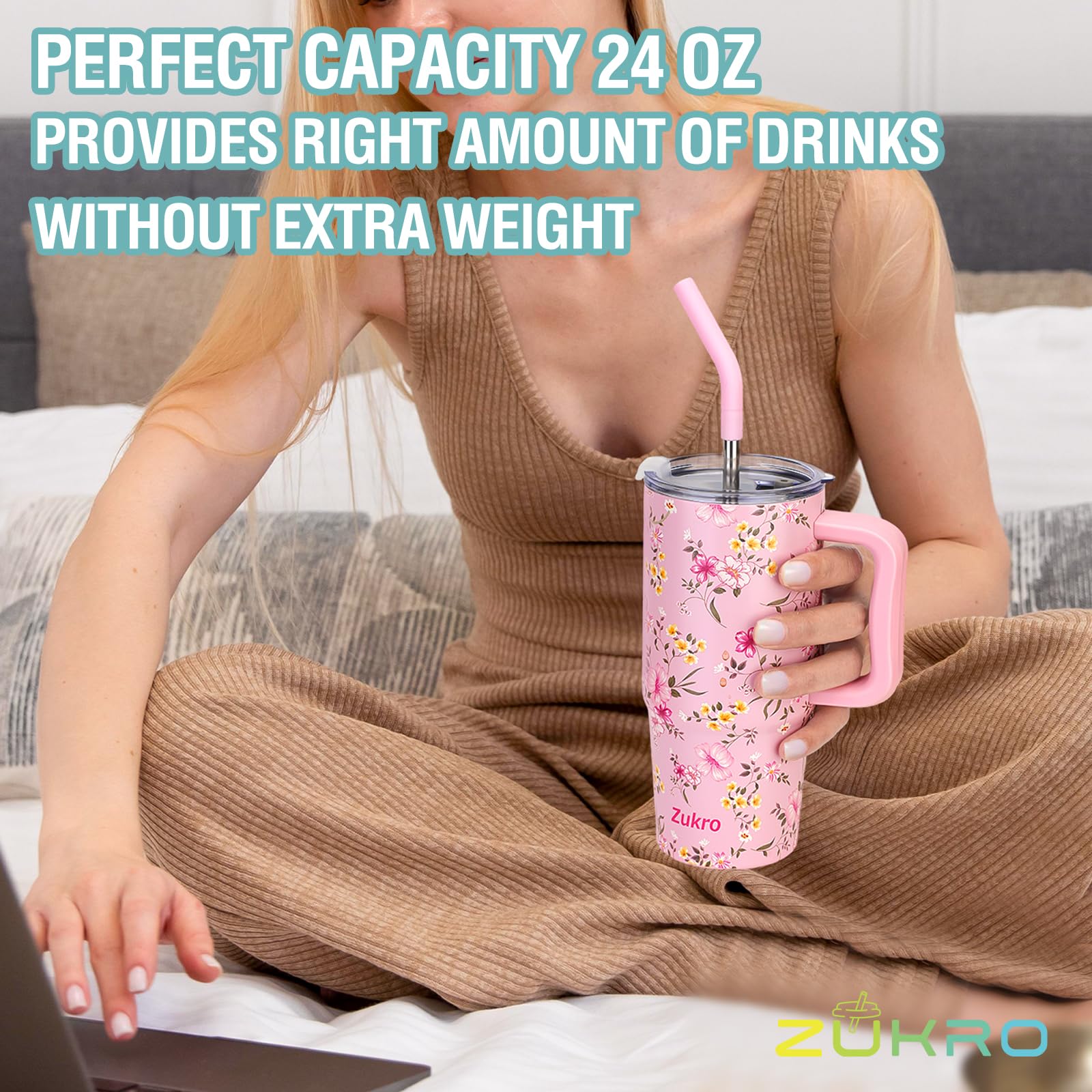 Zukro 24 Oz Tumbler With Handle And Straw, Triple-Wall Vacuum Insulated Coffee Travel Mug