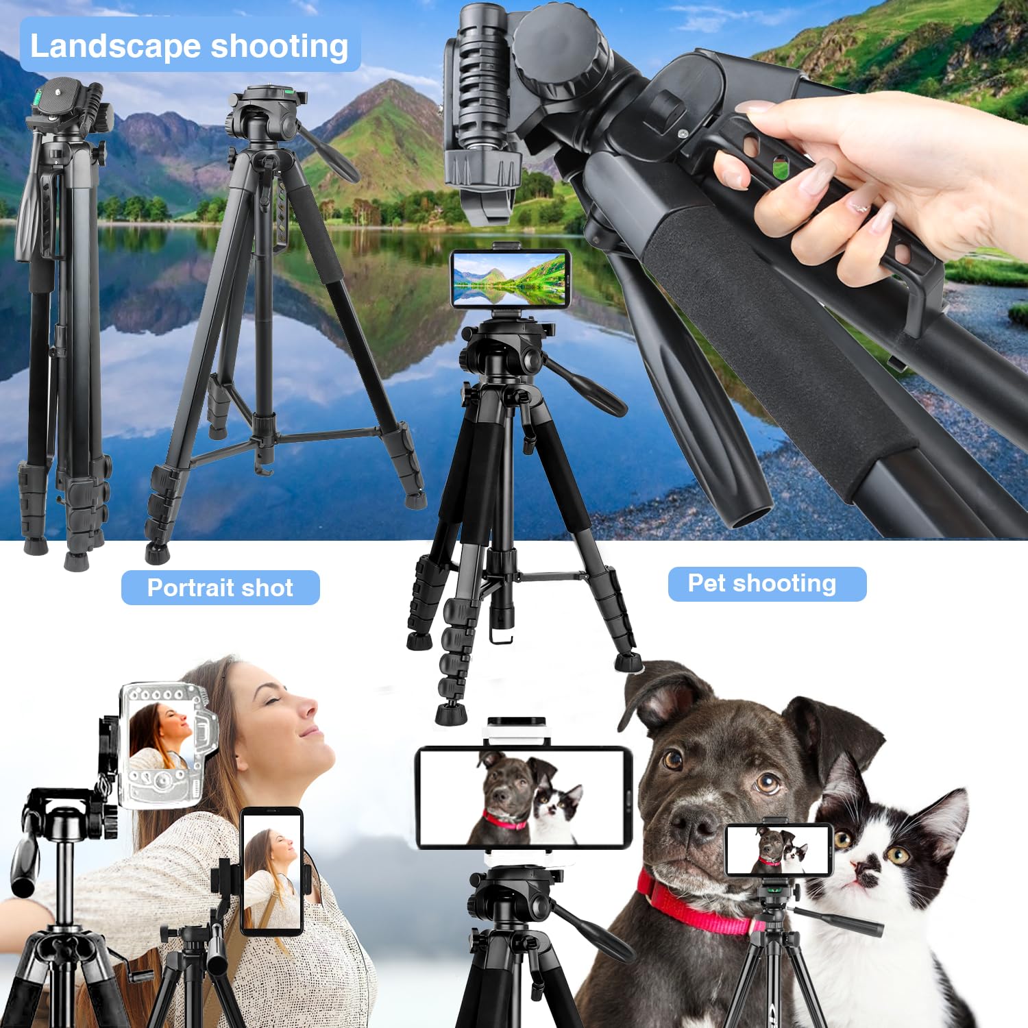 Yotetion 80" Aluminum Phone & Camera Tripod, Extendable Cell Phone Tripod Stand Compatible With Iphone/Android/Action Camera Is Perfect For Live Streaming/Video Recording/Selfies
