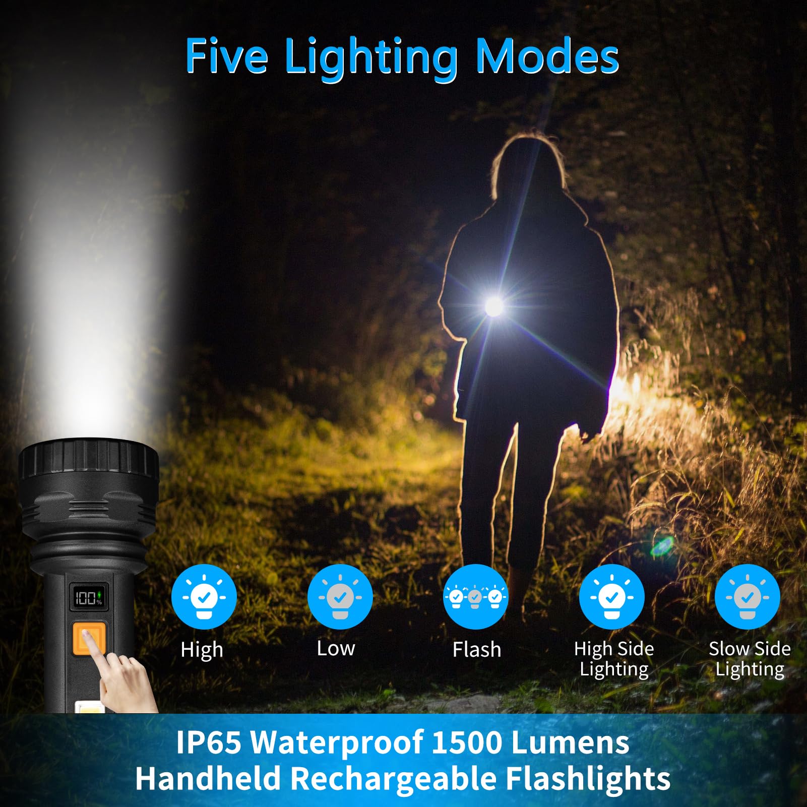 Kernowo Solar Flashlights, 1500 Lumens Led Solar Powered Flashlights With Digital Display 2000Mah Battery Rechargeable Handheld Flashlights Ip65 Waterproof Flashlights For Survival Emergencies, 1 Pack