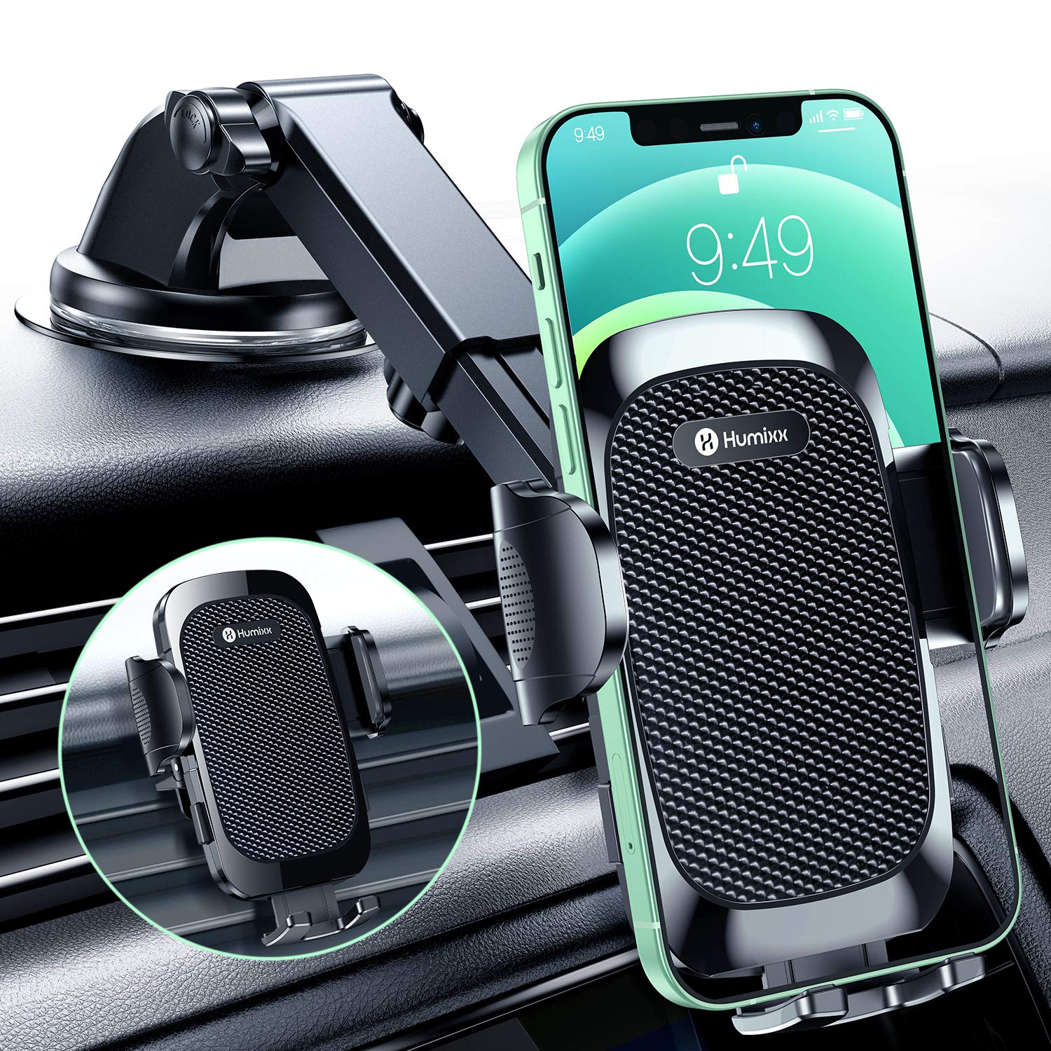 Kuxiyan Humixx Phone Mount For Car [Military-Grade Super Suction] Universal Hands- Phone Holder For Dashboard Windshield Air Vent For Iphone 14 Pro Max Plus Samsung All Phones & Cars